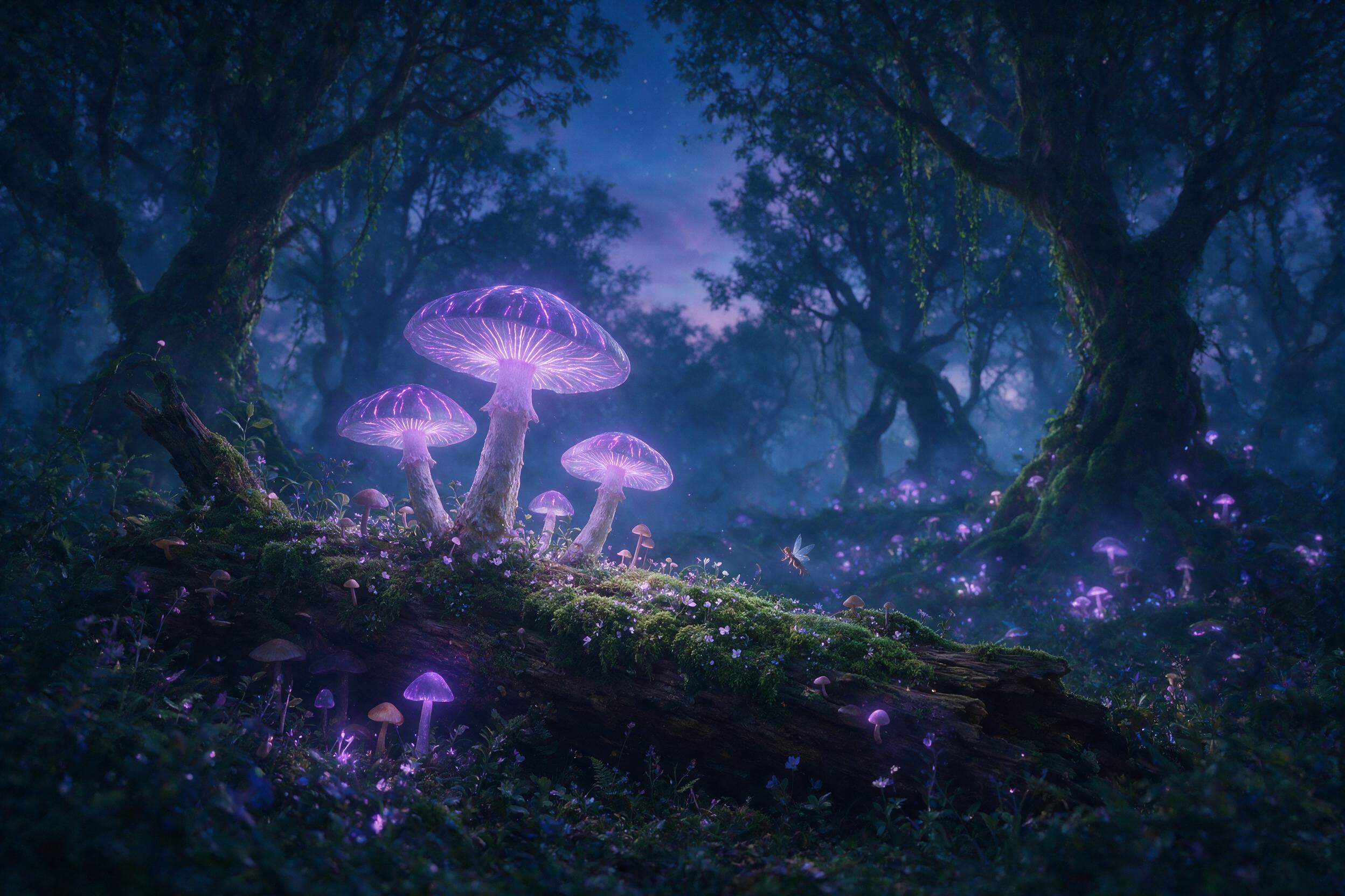 Enchanted forest at twilight, giant glowing mushrooms casting soft purple light, small fairy with translucent wings hovering near a mossy log, deep blue and violet color palette, shallow depth of field, misty atmosphere, natural lighting from bioluminescence