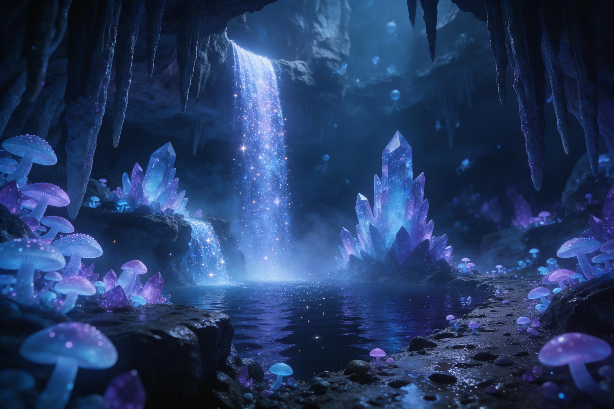 A bioluminescent crystal cave beneath a floating island, glowing mushrooms on wet stone, a waterfall of starlight pouring into a dark pool, ethereal blue and violet light, mist, surreal scale, natural framing with stalactites, shallow depth of field