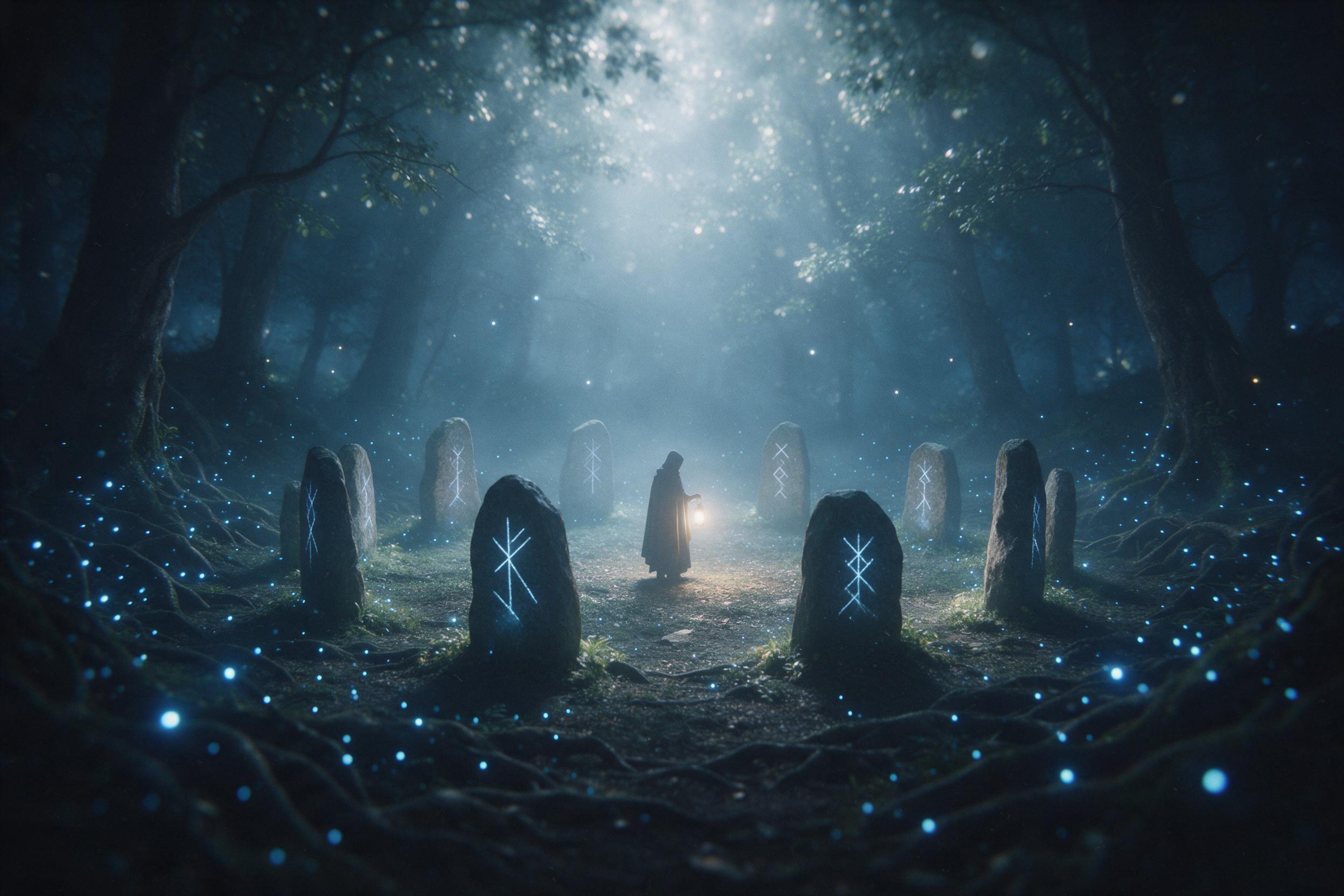 A misty moonlit forest clearing, ancient glowing runestones arranged in a circle, luminous blue fireflies drifting between twisted roots, a cloaked figure with a lantern standing at the center, soft volumetric light filtering through canopy, ethereal atmosphere, shallow depth of field, slight film g
