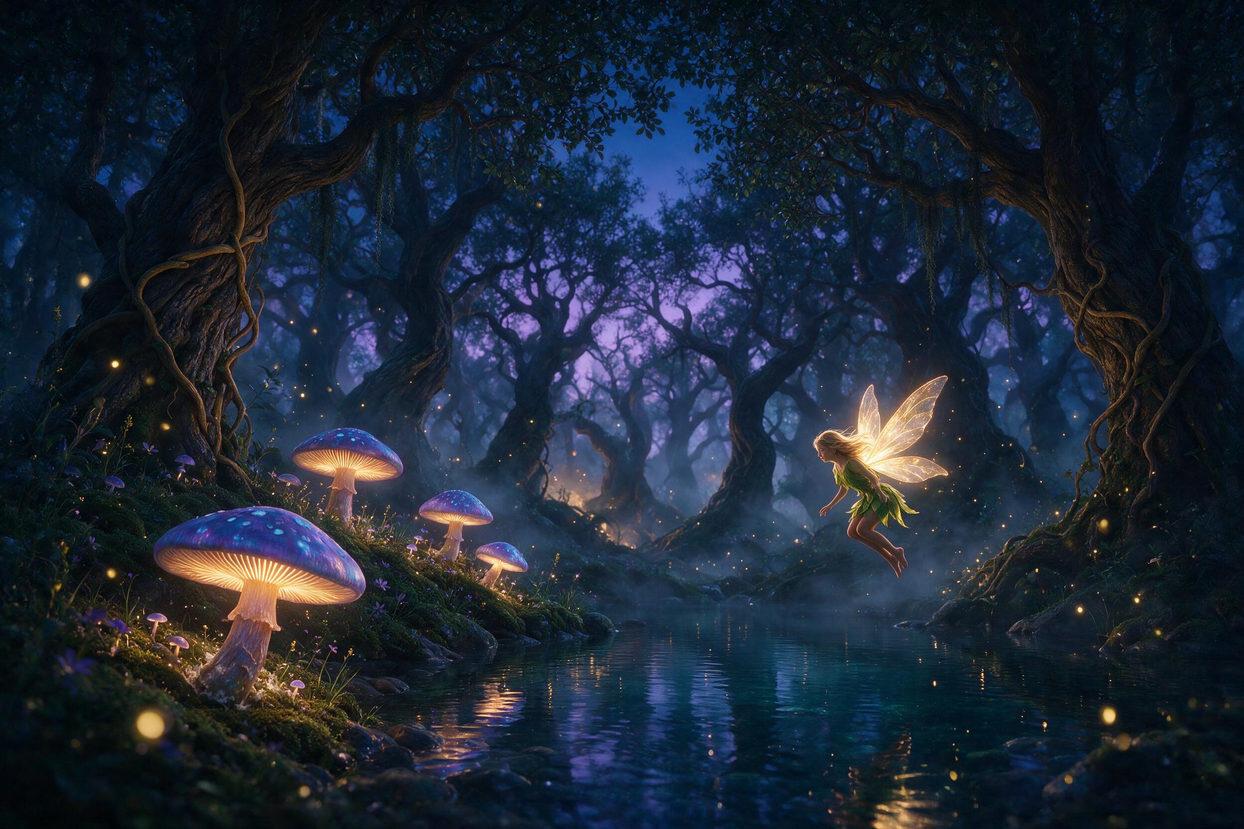 A mystical forest at twilight, giant glowing mushrooms casting soft bioluminescent light on mossy ground, a small fairy with translucent wings hovering near a crystal-clear pond, fireflies dancing in the air, mist weaving between ancient twisted trees, deep blue and violet tones with warm golden hig