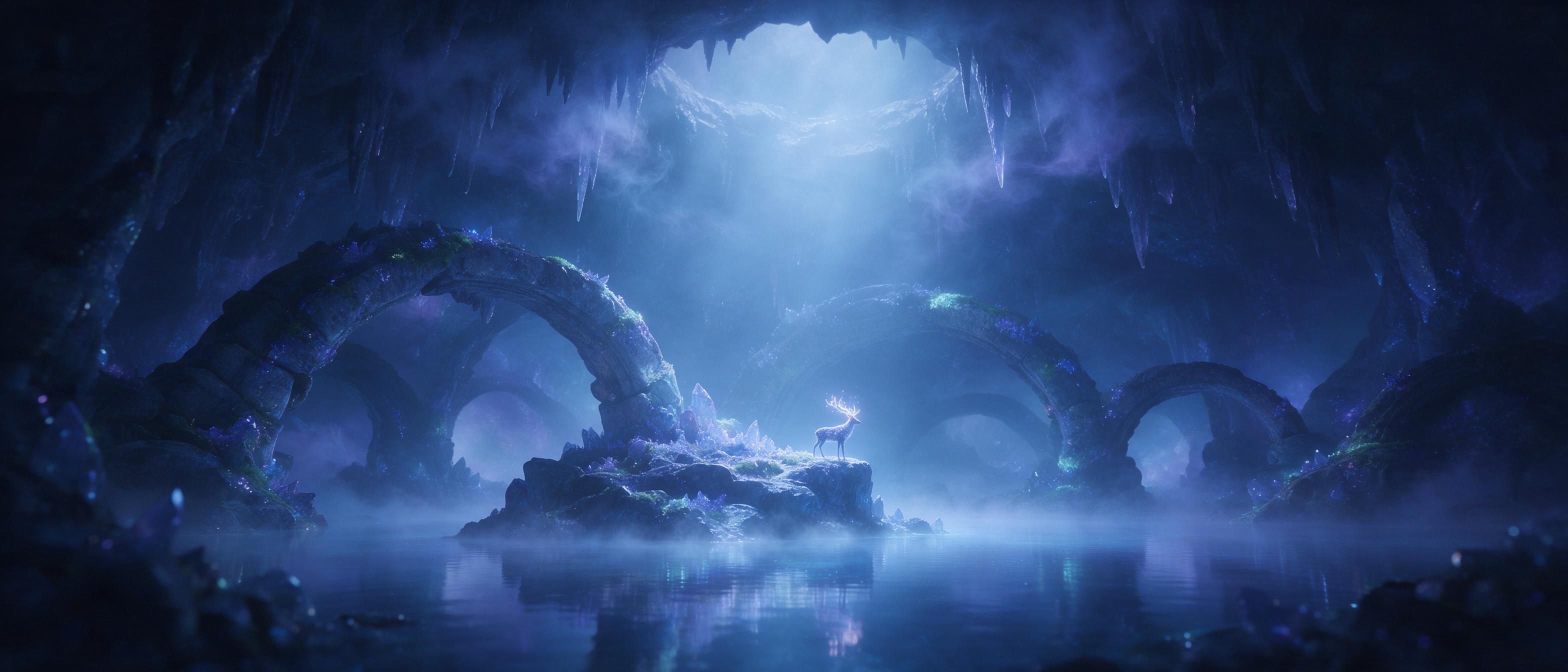 A moonlit crystal grotto, bioluminescent moss glows on ancient stone arches, a solitary glowing stag with antlers of light stands by a reflective underground lake, soft blue and violet mist curls around stalactites, cinematic wide shot with gentle volumetric light.