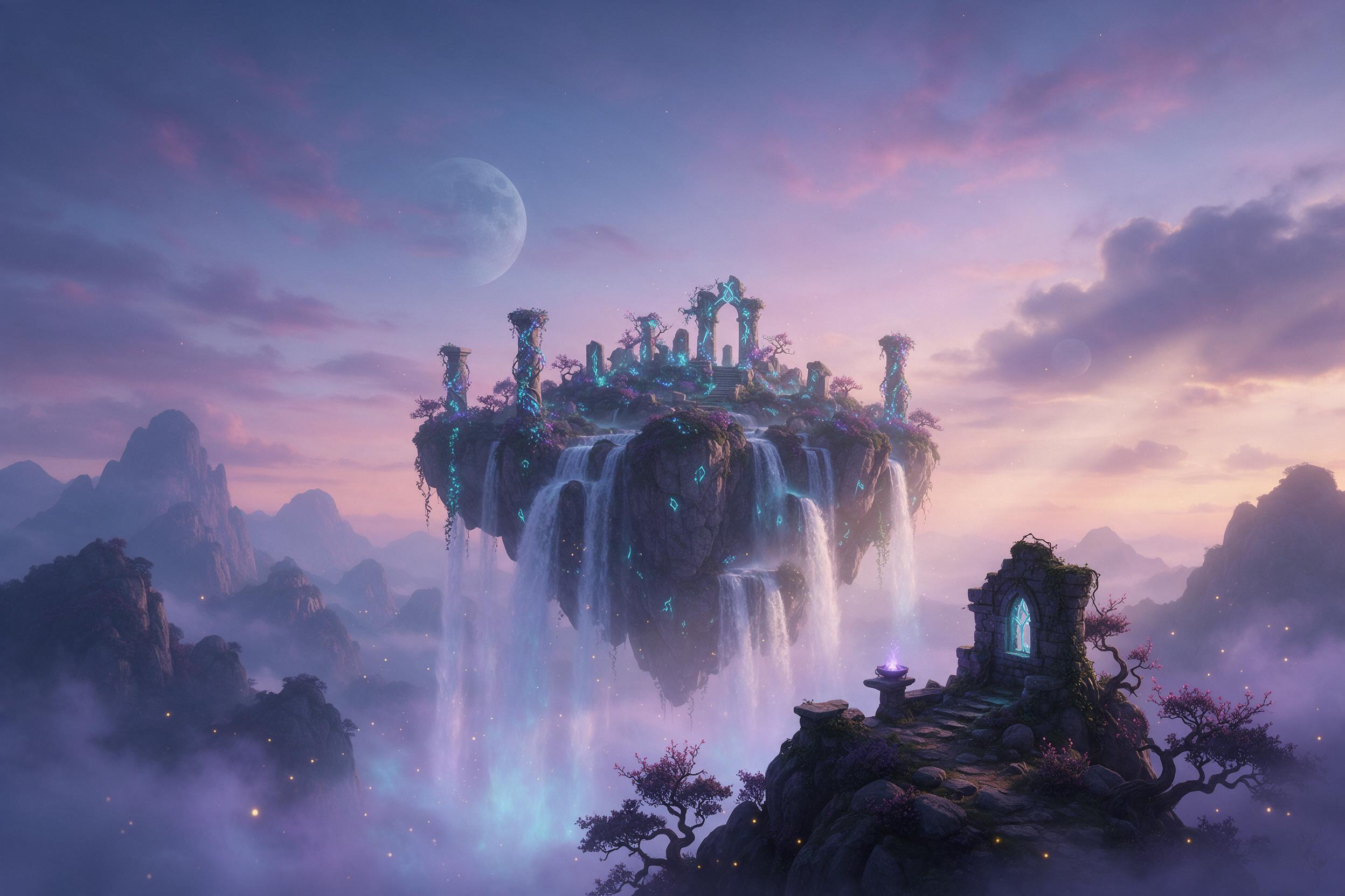 An ethereal floating island at dusk, cascading waterfalls dropping into luminous mist, ancient glowing ruins with runes, bioluminescent vines wrapping stone pillars, fireflies drifting through air, soft purple and teal gradient sky with two moons, gentle volumetric god rays breaking through clouds, 
