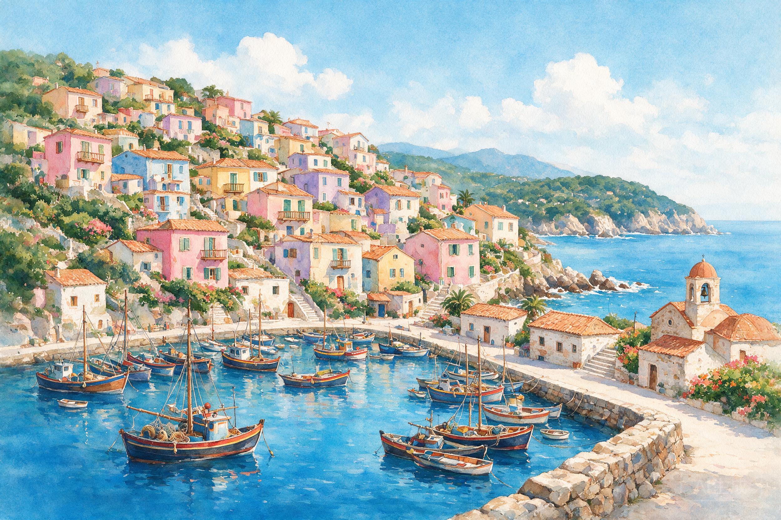 Watercolor painting of a coastal village, colorful houses on a hillside, fishing boats in the harbor, soft pastel colors