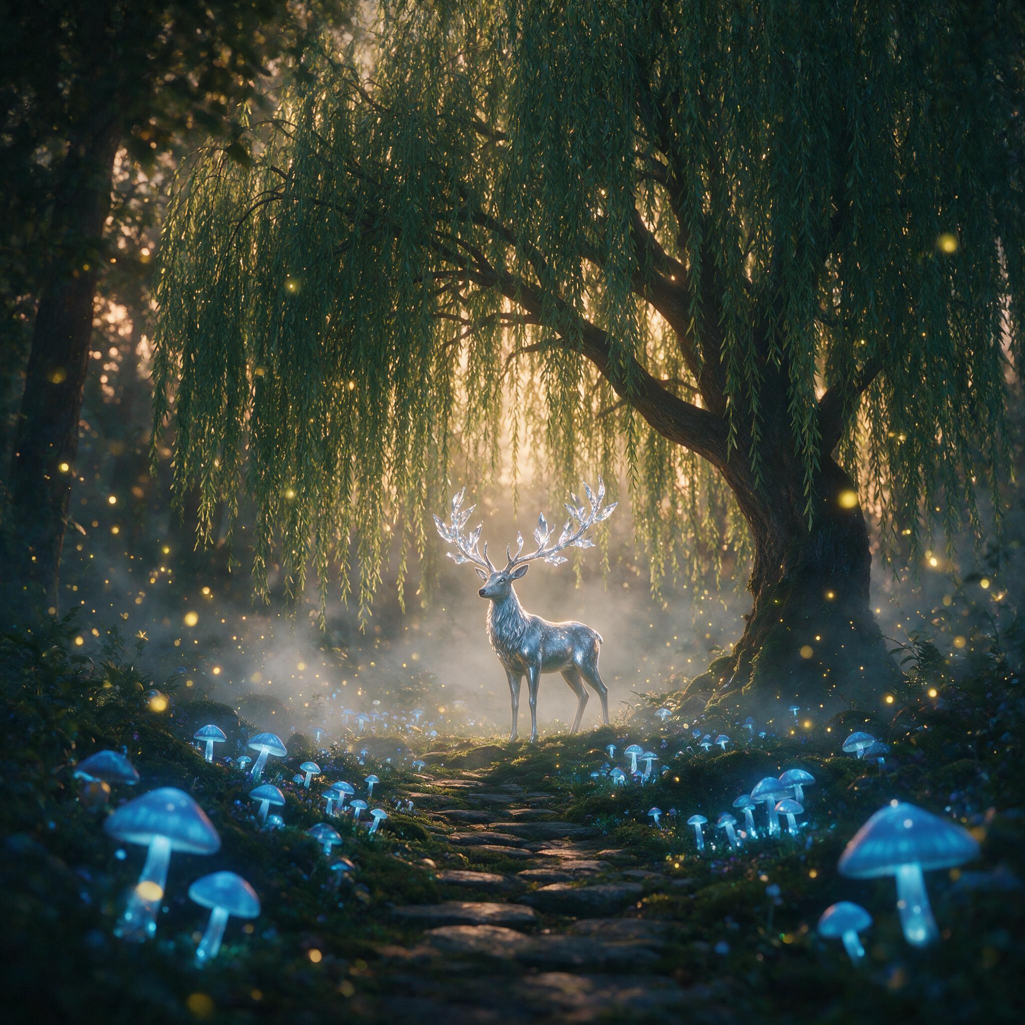 A luminous enchanted forest at twilight, glowing blue mushrooms line a mossy stone path, a silver stag with antlers made of crystal stands beneath a massive weeping willow, soft mist swirls through the air, fireflies create a gentle golden bokeh, warm amber light filtering through the canopy, slight