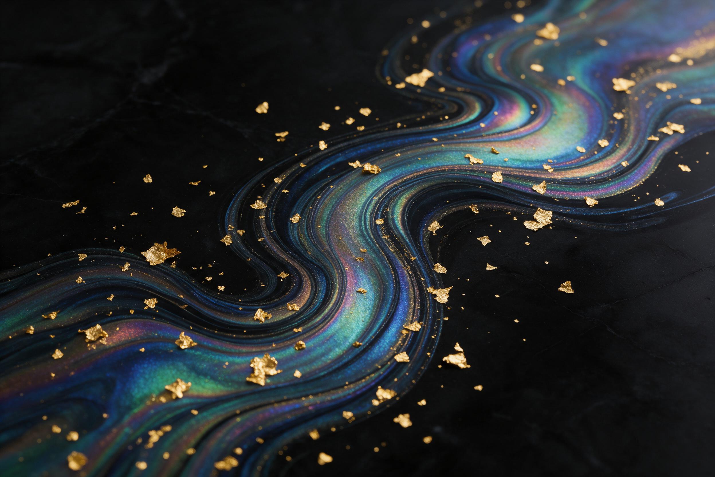 A minimalist fluid art composition of swirling iridescent oil and gold leaf on black marble, with soft overhead diffused lighting, gentle reflections, and a slight blur in the background to emphasize depth, no text or objects