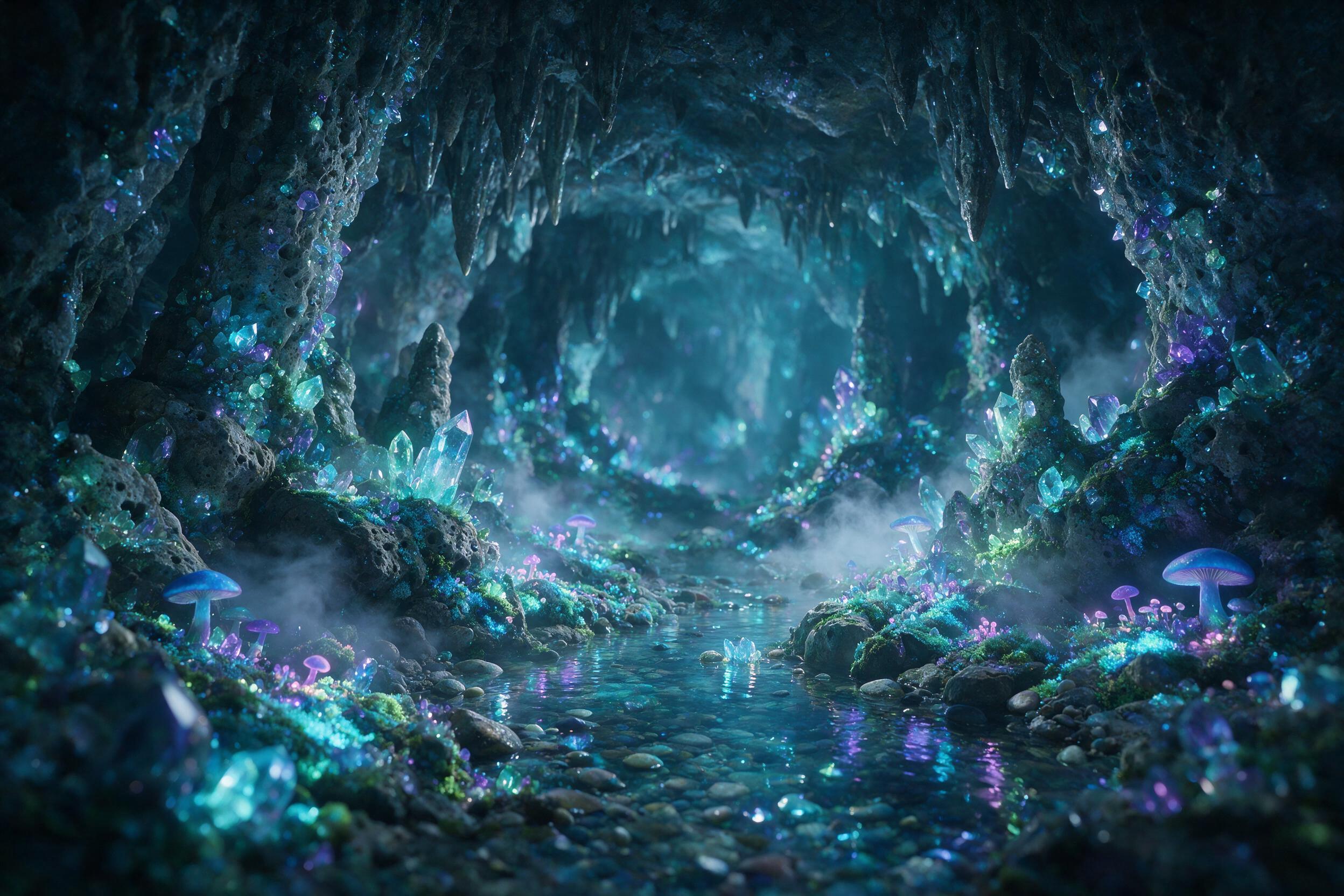 A luminous crystal cave deep underground, bioluminescent moss and glowing fungi casting soft blue and violet light on jagged rock formations, a small stream reflecting the ethereal glow, dreamy atmospheric haze, shallow depth of field, gentle mist rising from the water, mystical ambiance