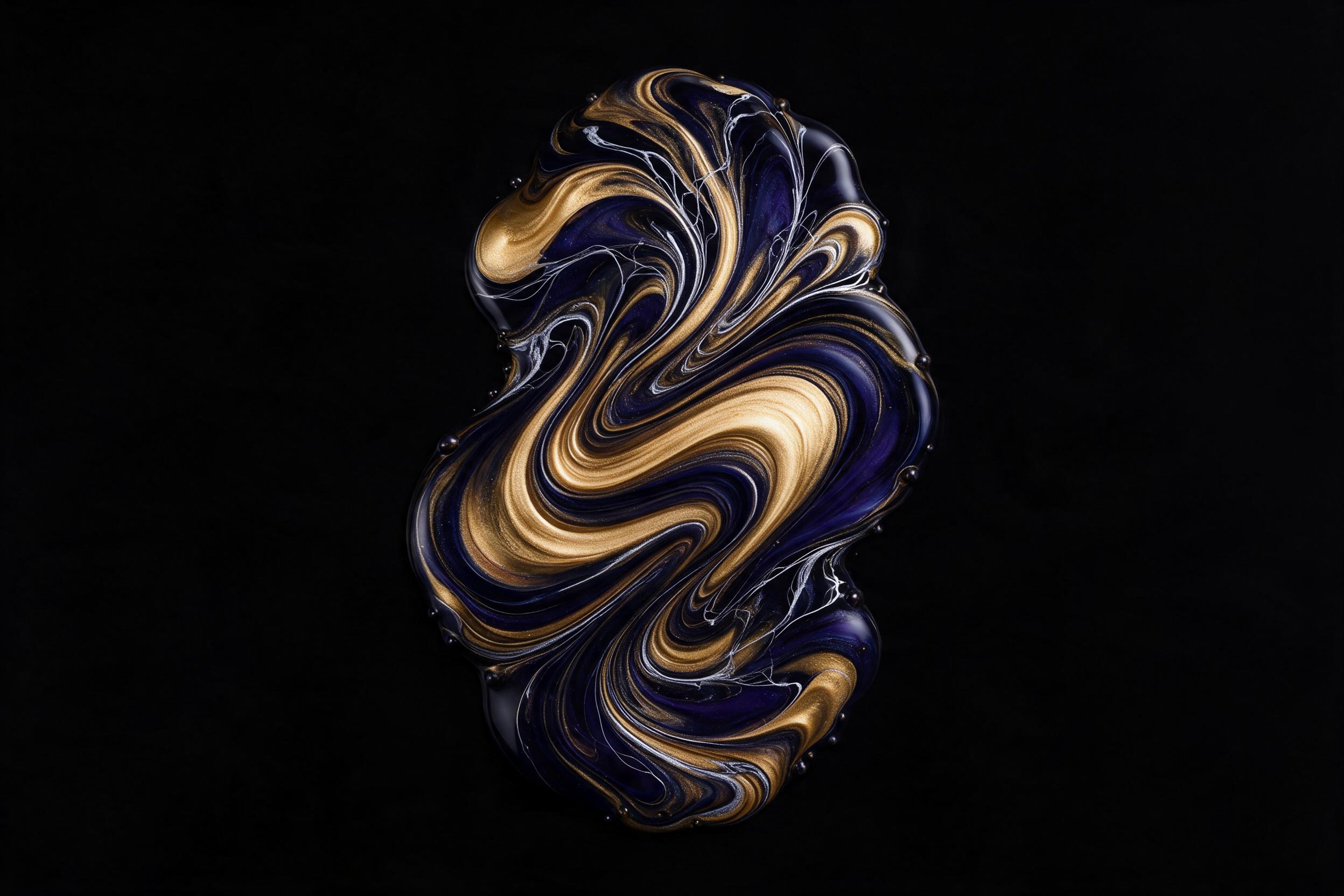 Fluid art of swirling molten gold and deep indigo, with delicate silver veins threading through, on a black background. Glossy, reflective surface with soft studio lighting creating gentle highlights. Minimalist composition, centered flow, no text or watermarks.
