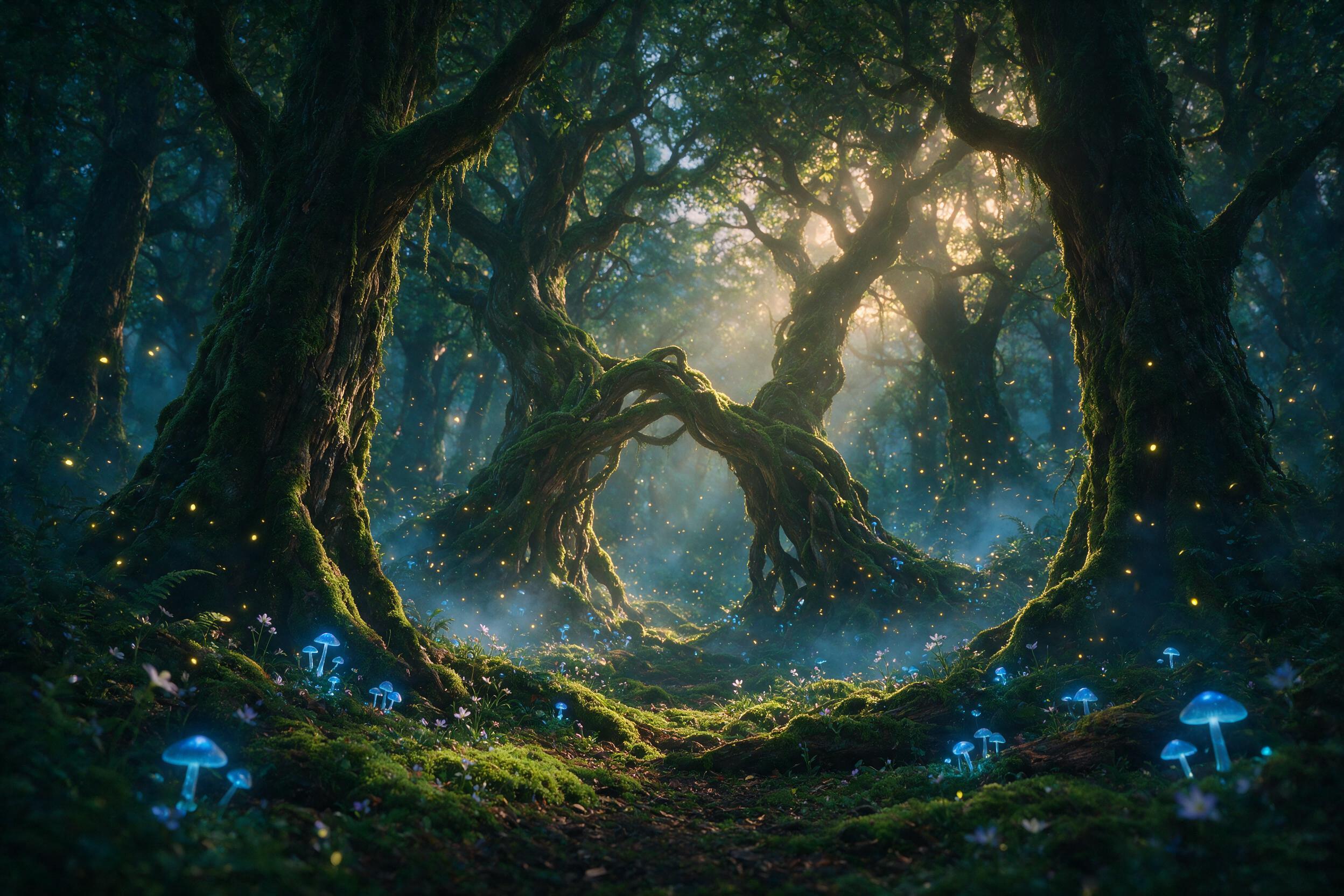 A mystical forest at twilight, glowing blue mushrooms scattered on the mossy ground, ancient tree roots forming a natural archway, ethereal light beams piercing through the canopy, soft mist swirling around, fireflies dancing in the air, cinematic composition with a shallow depth of field, warm ambe