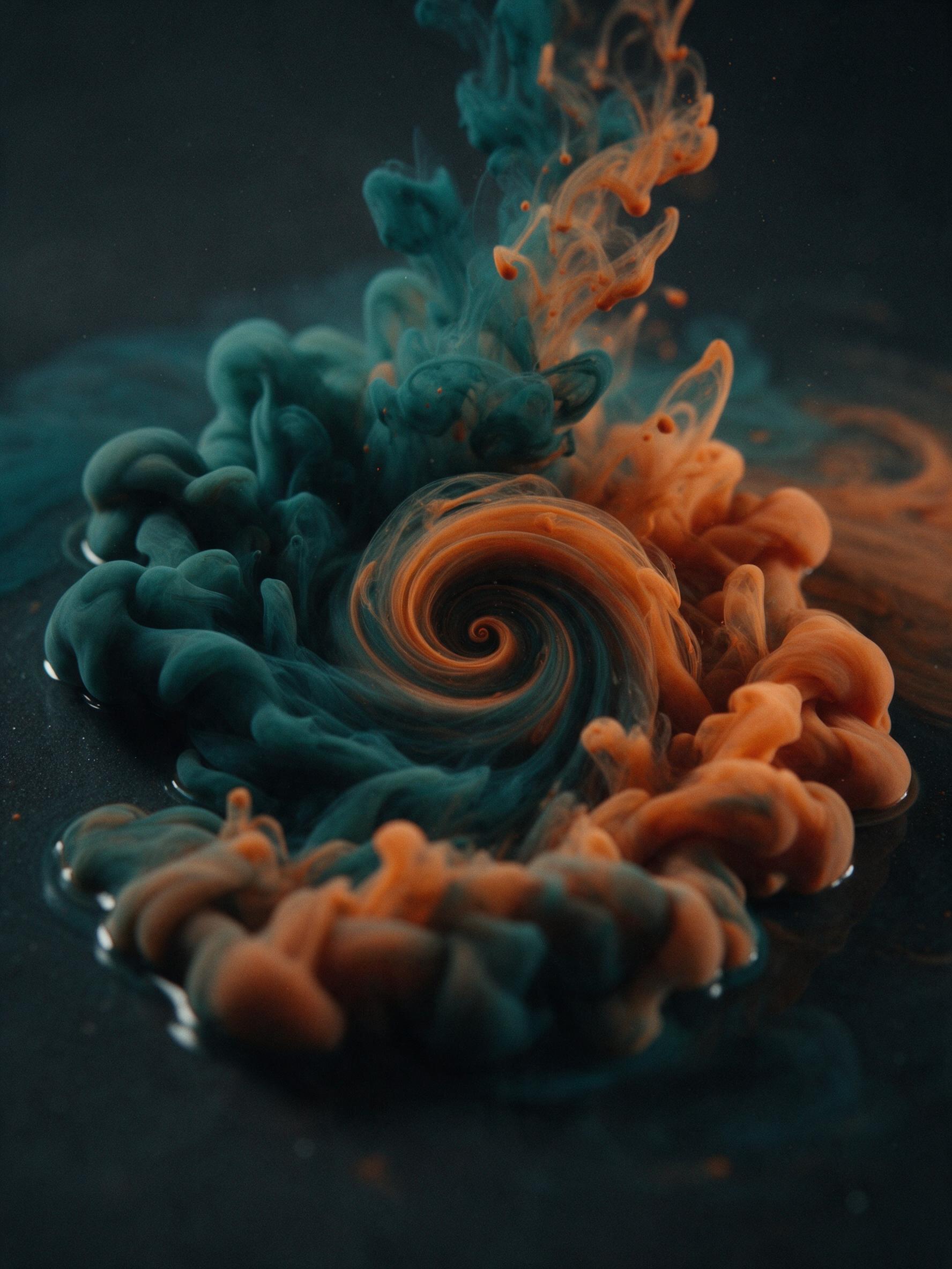 Close-up macro shot of swirling ink in water, deep teal and burnt orange pigments blooming in slow motion, soft studio light from above, dark matte background, fine grain film look, subtle reflections on glossy surface, shallow depth of field highlighting central spiral, no other objects, minimal co