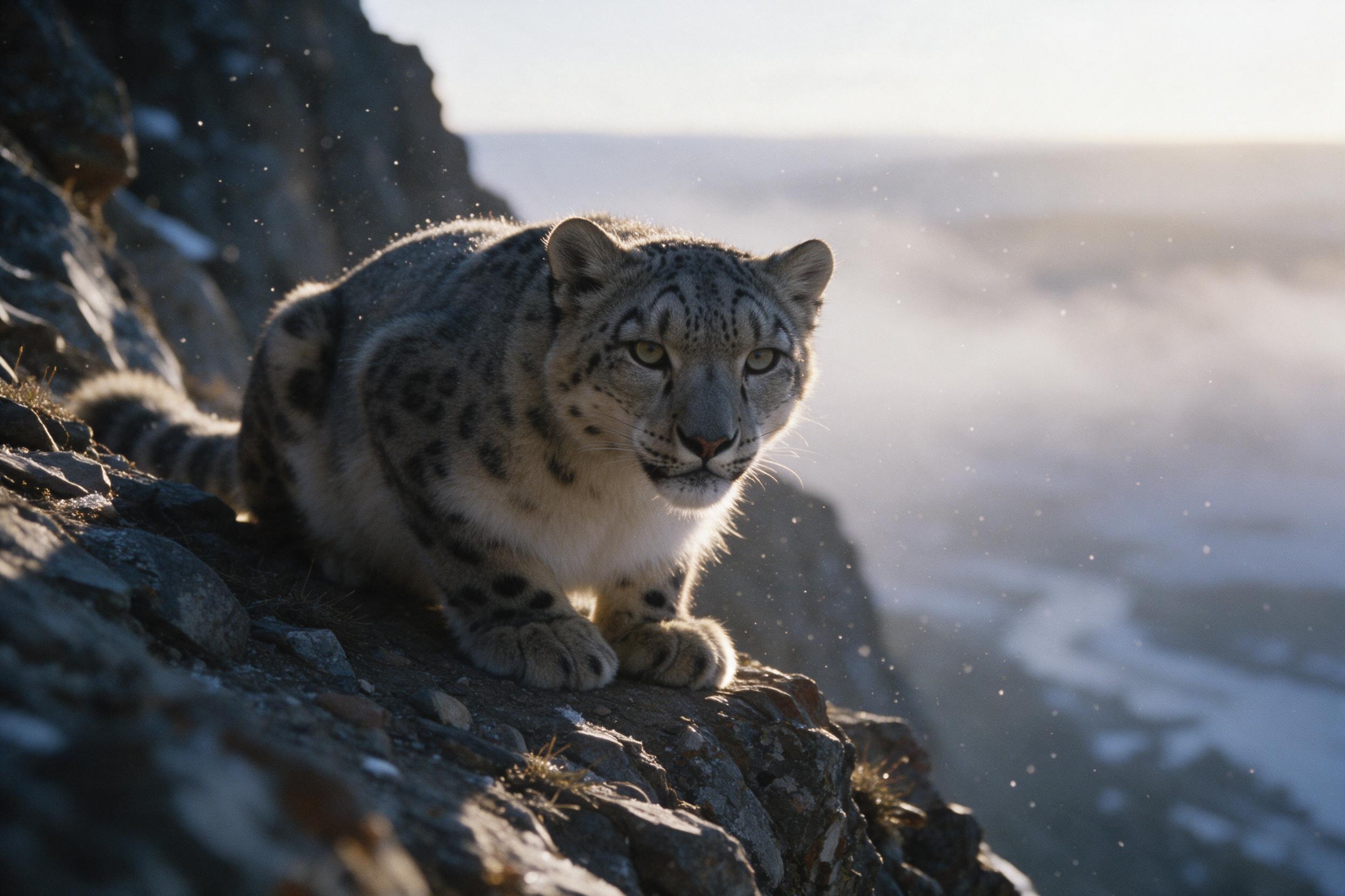 A snow leopard crouched on a rocky cliff edge at dawn, mist in the valley below, soft golden light rim-lighting its fur, sharp gaze forward, fine snow particles in the air, shallow depth of field, natural color palette, film grain texture, no text or watermark, no heavy blur