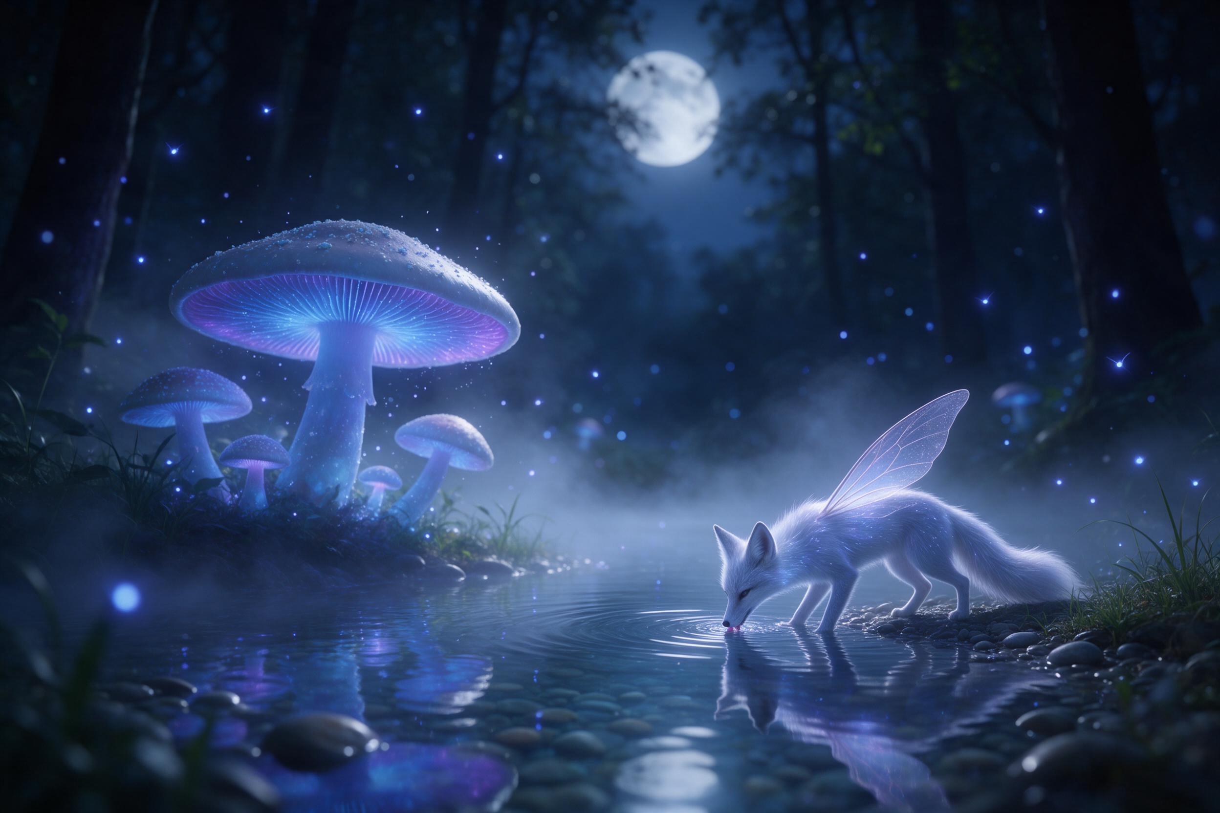 A moonlit glade where giant luminous mushrooms cast soft blue and violet light on a crystal-clear pond, fireflies swirling in the air, a small ethereal fox with translucent wings drinking at the water's edge, mist rising off the ground, shallow depth of field, tranquil eerie atmosphere.