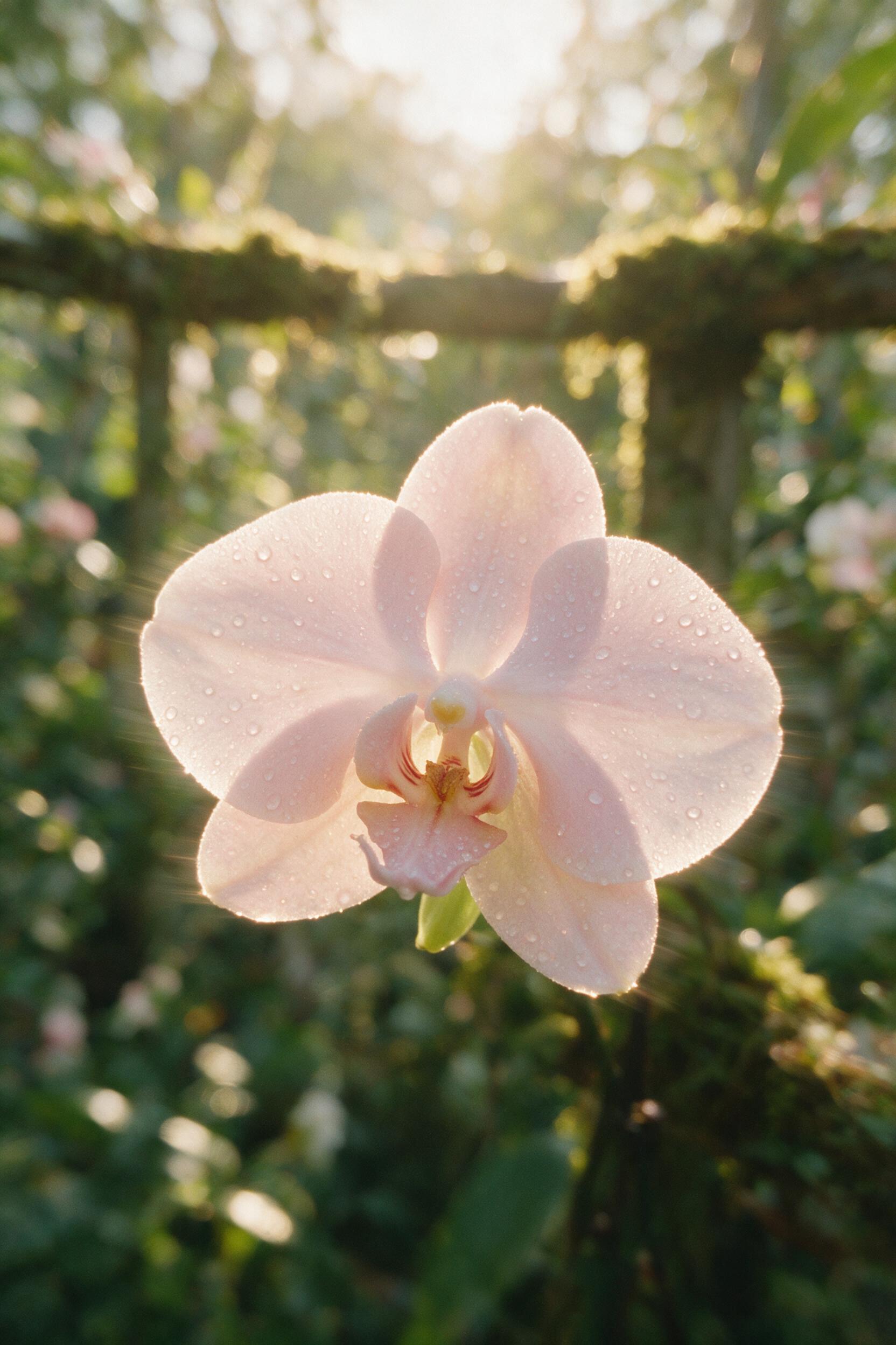 Close-up of a single orchid bloom, soft morning dew on petals, backlit by a warm golden sunrise, slight camera shake, shallow depth of field, gentle green background blur, natural grain, no vivid colors