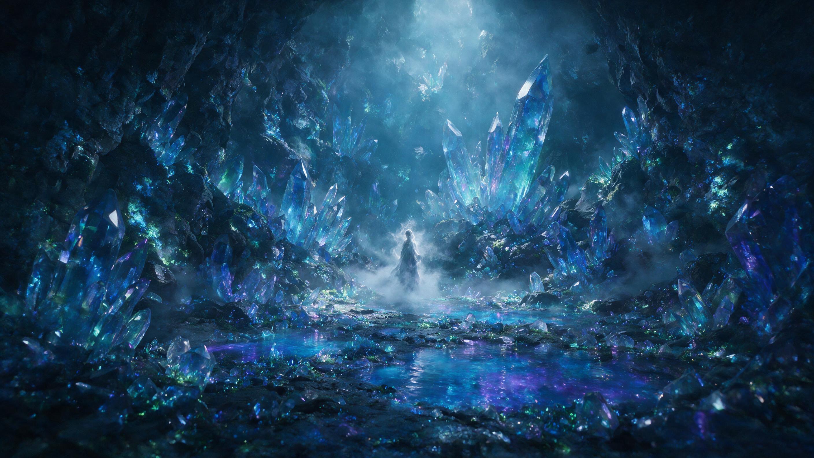 A luminous crystal cave, bioluminescent moss clinging to jagged walls, soft blue and purple light pools on the ground, a single ethereal figure in flowing robes stands at the center, mist swirling, cinematic lighting, subtle fog