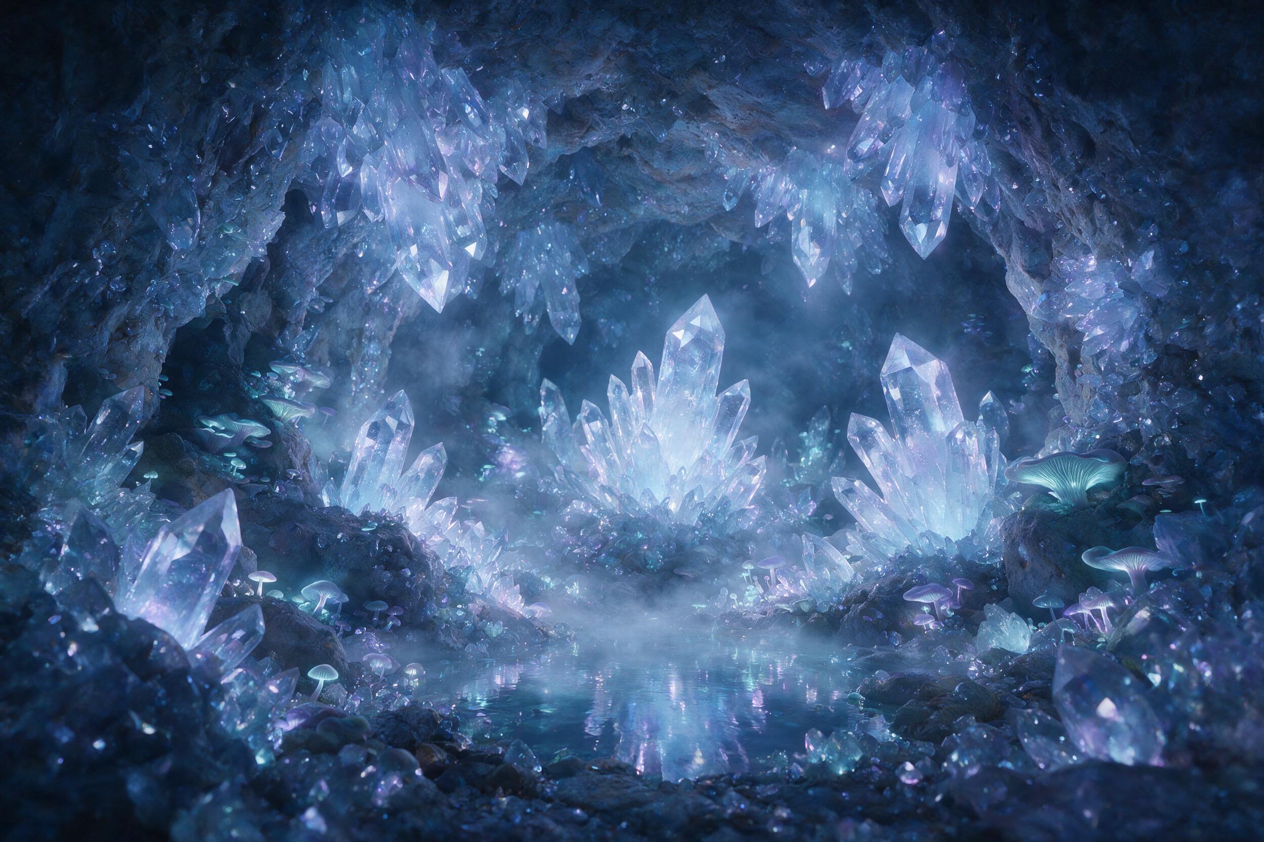 A luminous crystal cave deep underground, glowing bioluminescent fungi on the walls, a small shimmering pool of water reflecting ethereal light, mist swirling gently, with a faint blue and purple color palette, captured using a wide-angle lens with soft diffused light coming from the crystal formati