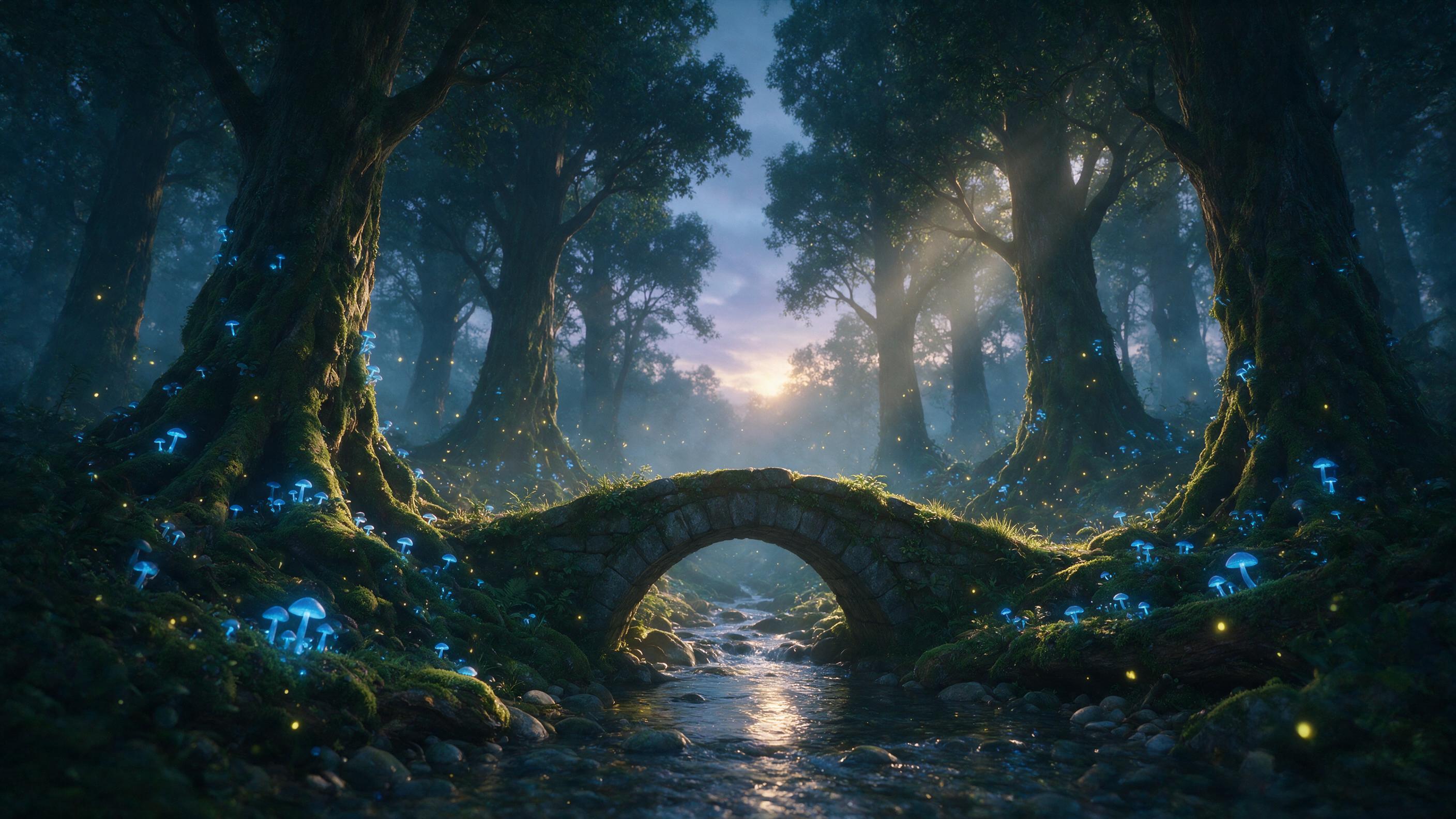 A misty forest at twilight, towering ancient trees with glowing blue mushrooms at their roots, soft golden light filtering through the canopy, a small stone bridge crossing a narrow stream, fireflies drifting in the air, ethereal atmosphere, dreamlike and serene.