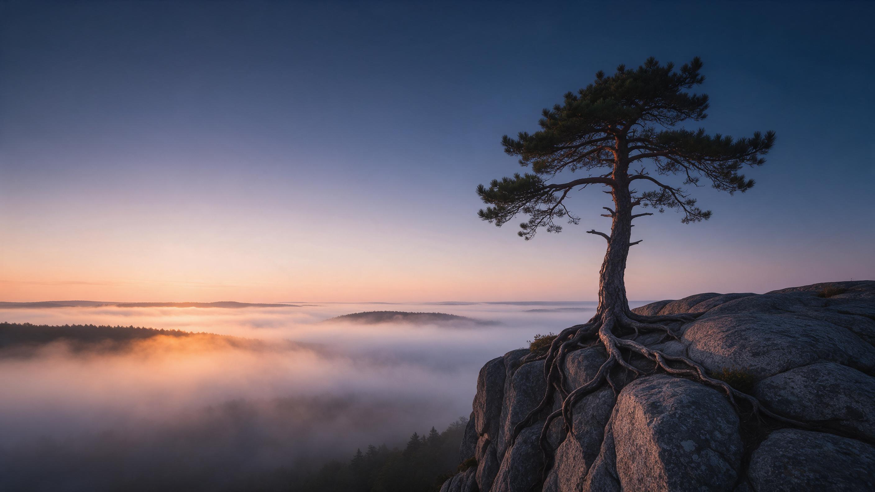 At dawn, a lone pine tree stands atop a granite cliff, its gnarled roots gripping the rock face. Below, a sea of fog rolls through the valley, catching the first golden light. The sky transitions from deep indigo to soft peach. Composition: rule of thirds, tree on the right, expansive negative space