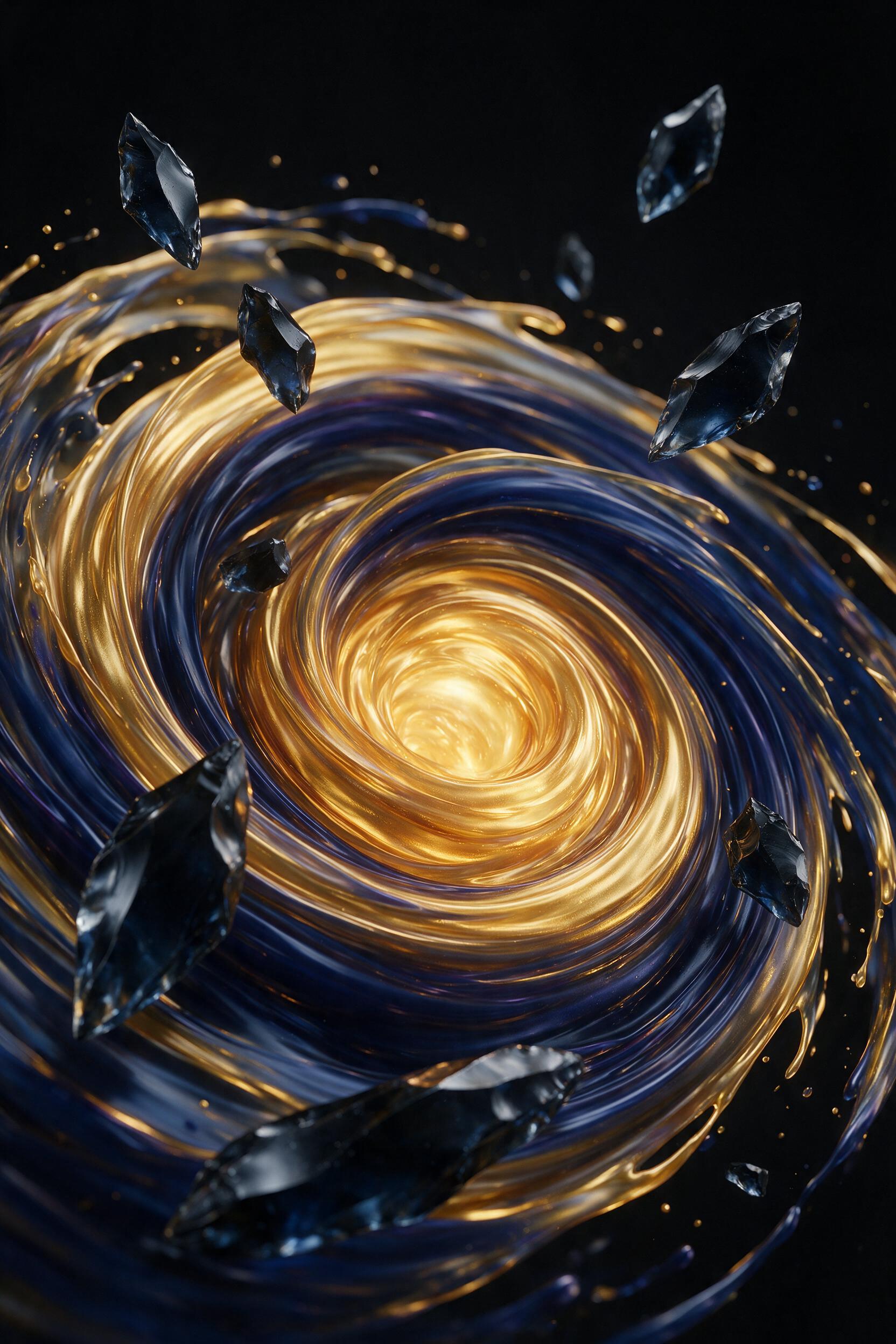 A swirling vortex of molten gold and deep indigo, forming a fluid spiral with sharp geometric shards of obsidian glass suspended mid-air. Soft diffused side lighting creates subtle reflections on the glossy surfaces, against a matte black background. Slight motion blur on the spiral edges suggests s
