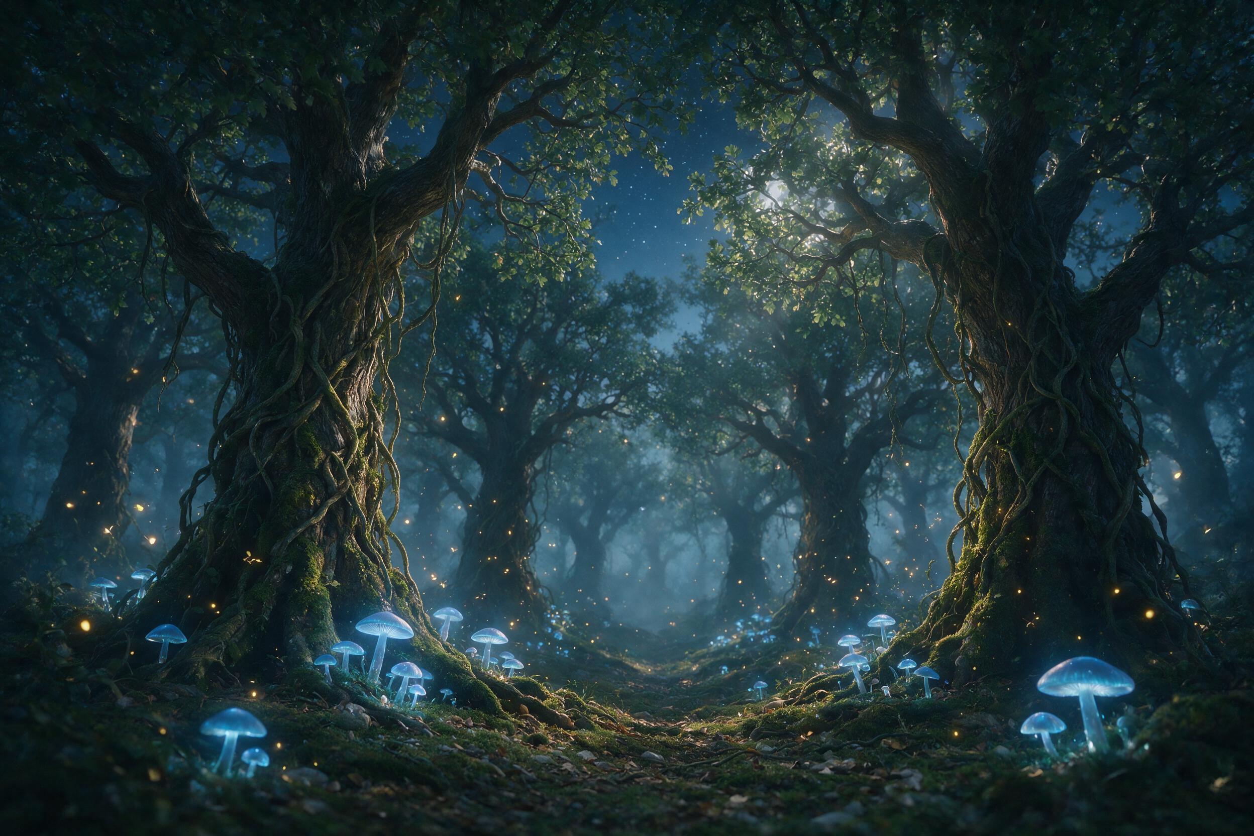 A misty enchanted forest at twilight, ancient oak trees with glowing blue mushrooms at their roots, fireflies dancing in the air, soft moonlight filtering through the canopy, shallow depth of field, cinematic lighting with warm amber tones contrasting cool blue shadows, ethereal atmosphere, slight m