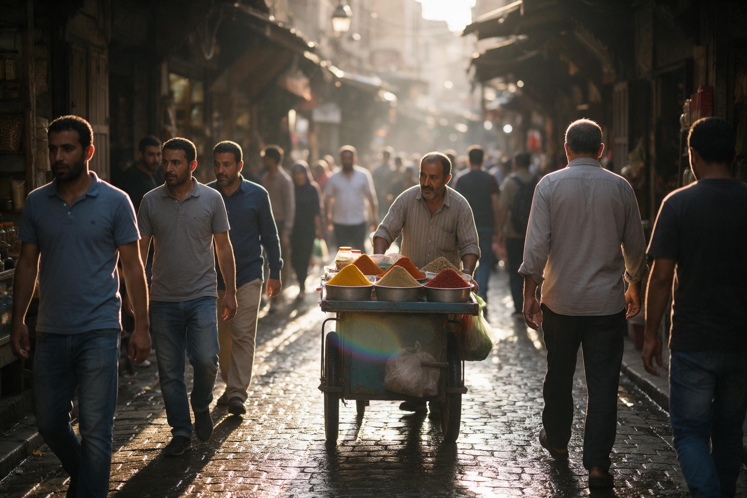Golden hour light streams through a bustling old town alley, cobblestones wet from recent rain, a street vendor' s cart with colorful spices, locals in casual attire walking past, warm tones, soft focus on background, slight lens flare.