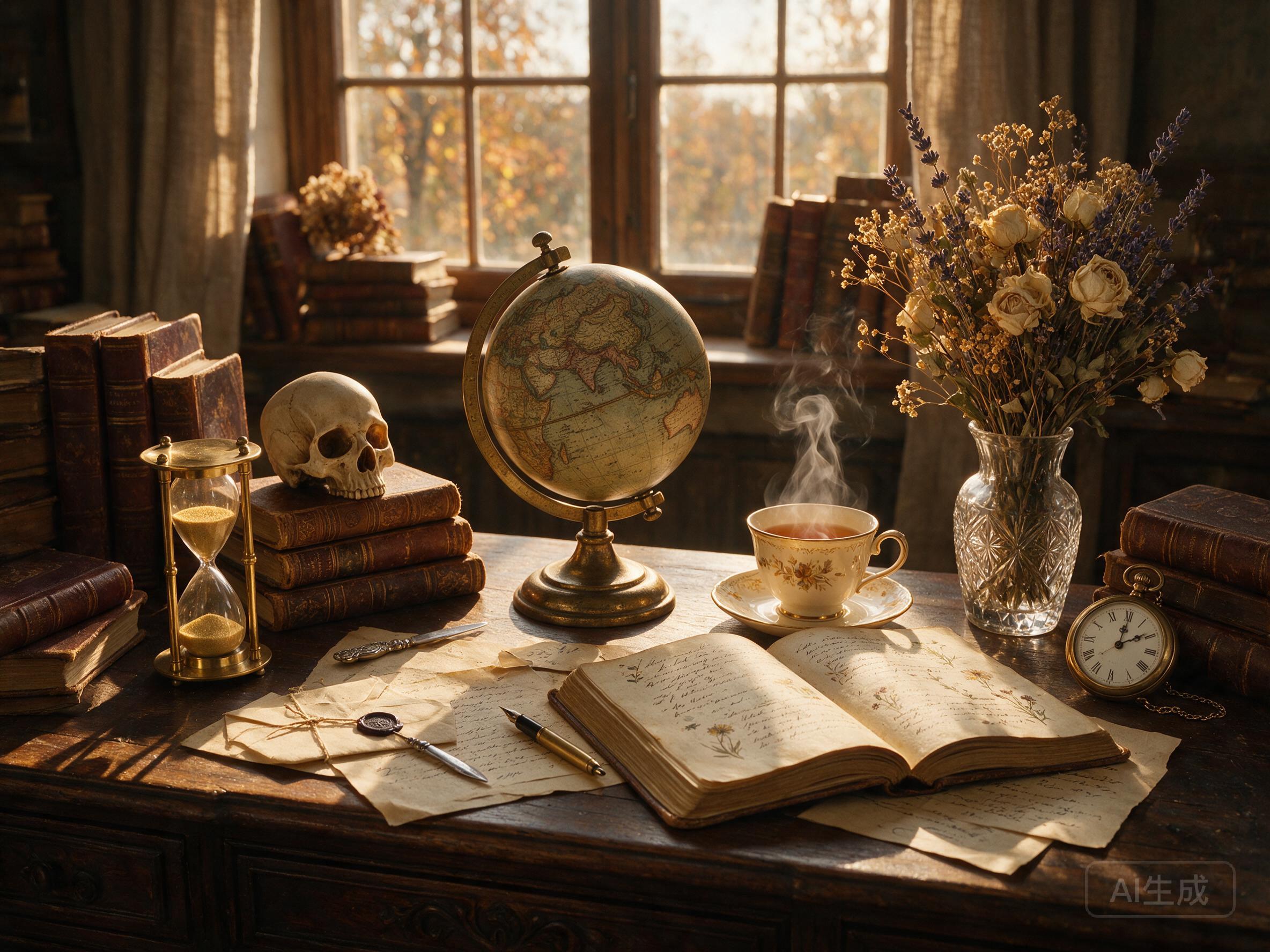 A study desk with antique globe, open book, steaming tea, and dried flowers, warm afternoon light, vanitas still life
