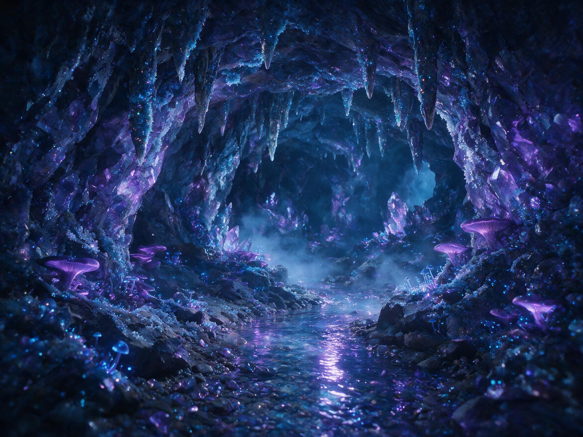 A glowing crystal cave deep underground, bioluminescent moss and fungi casting soft blue and purple light on jagged stalactites, a small stream reflecting the glow, mist rising, ethereal atmosphere, slight camera shake from long exposure, natural lighting from the crystals