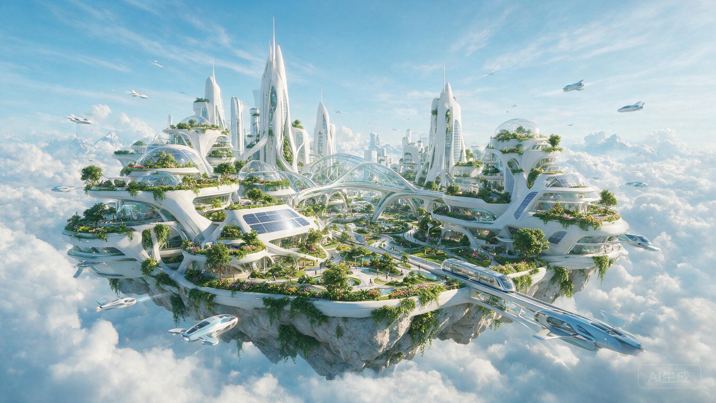 High-tech sustainable city floating on clouds, white and green architecture, flying vehicles, clean futuristic design