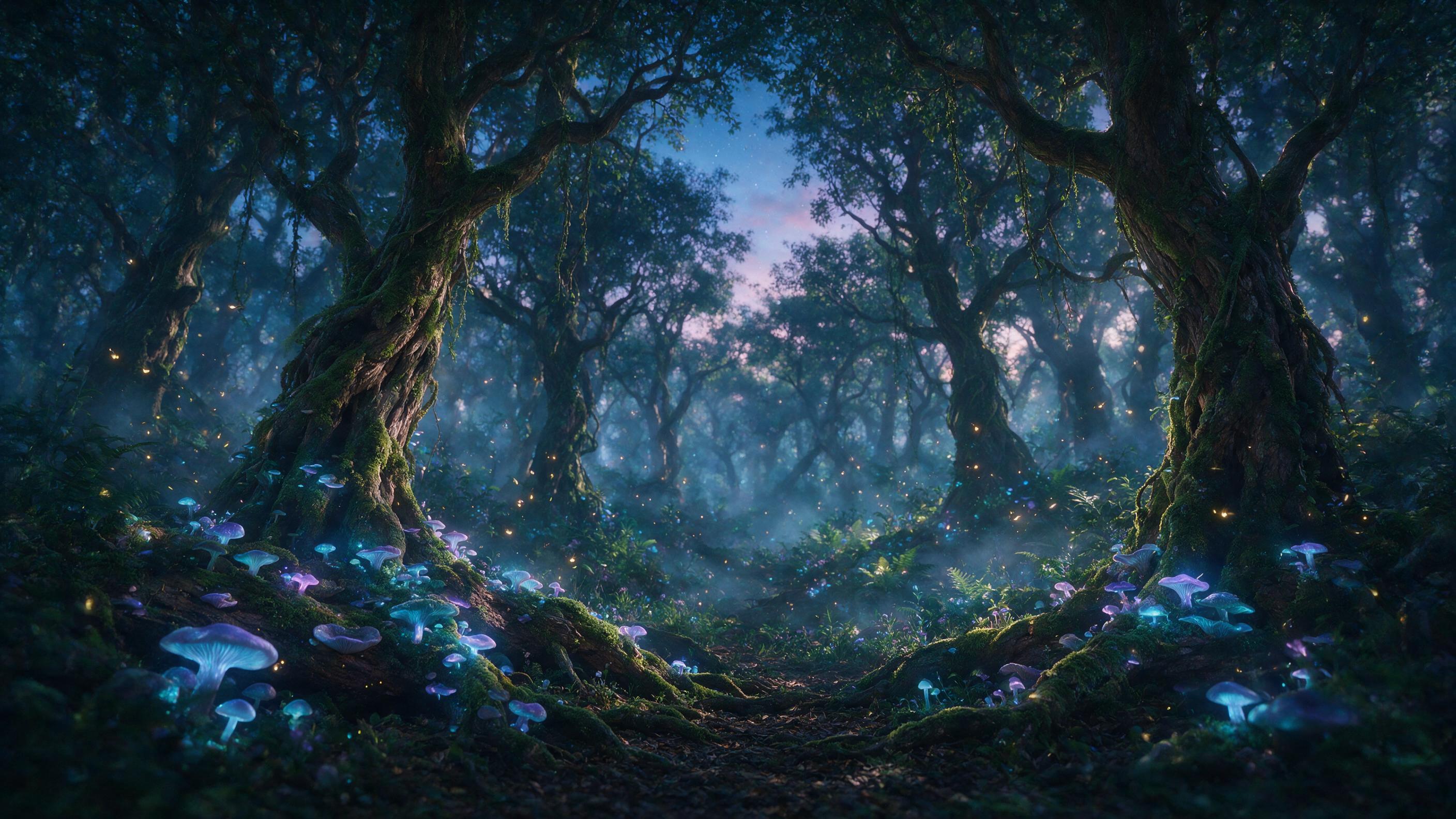 A luminous forest at twilight, glowing mushrooms and floating fireflies, ancient twisted trees draped in moss, soft mist between trunks, dappled moonlight through canopy, bioluminescent blue and purple hues, ethereal and serene, shallow depth of field, natural lighting.