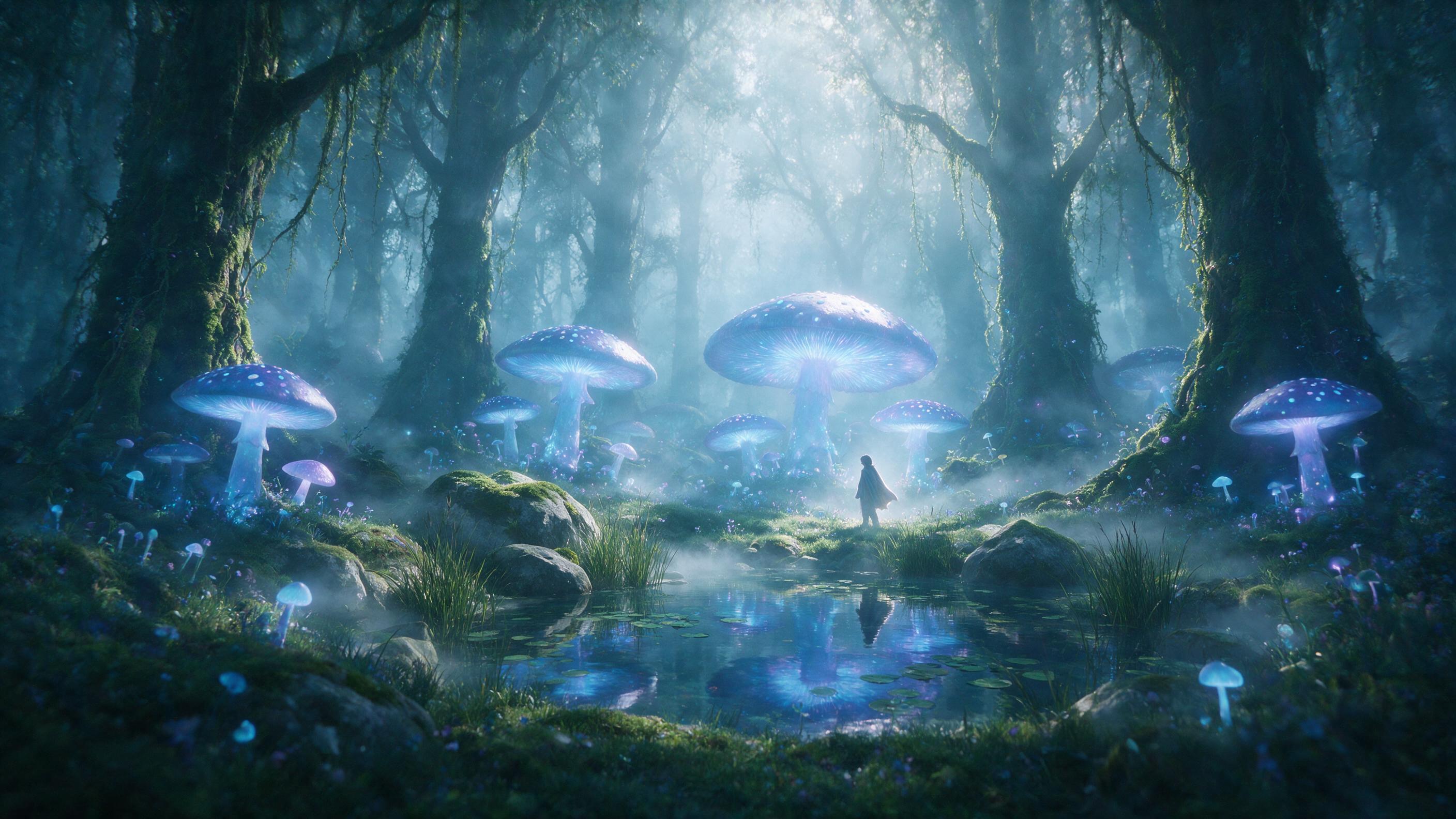 In a misty enchanted forest, colossal glowing mushrooms radiate soft blue and purple light. A solitary figure in a flowing cloak stands near a crystal-clear pond reflecting the luminous canopy. Fog drifts low, creating a dreamy, ethereal atmosphere. Soft backlighting, shallow depth of field, subtle 