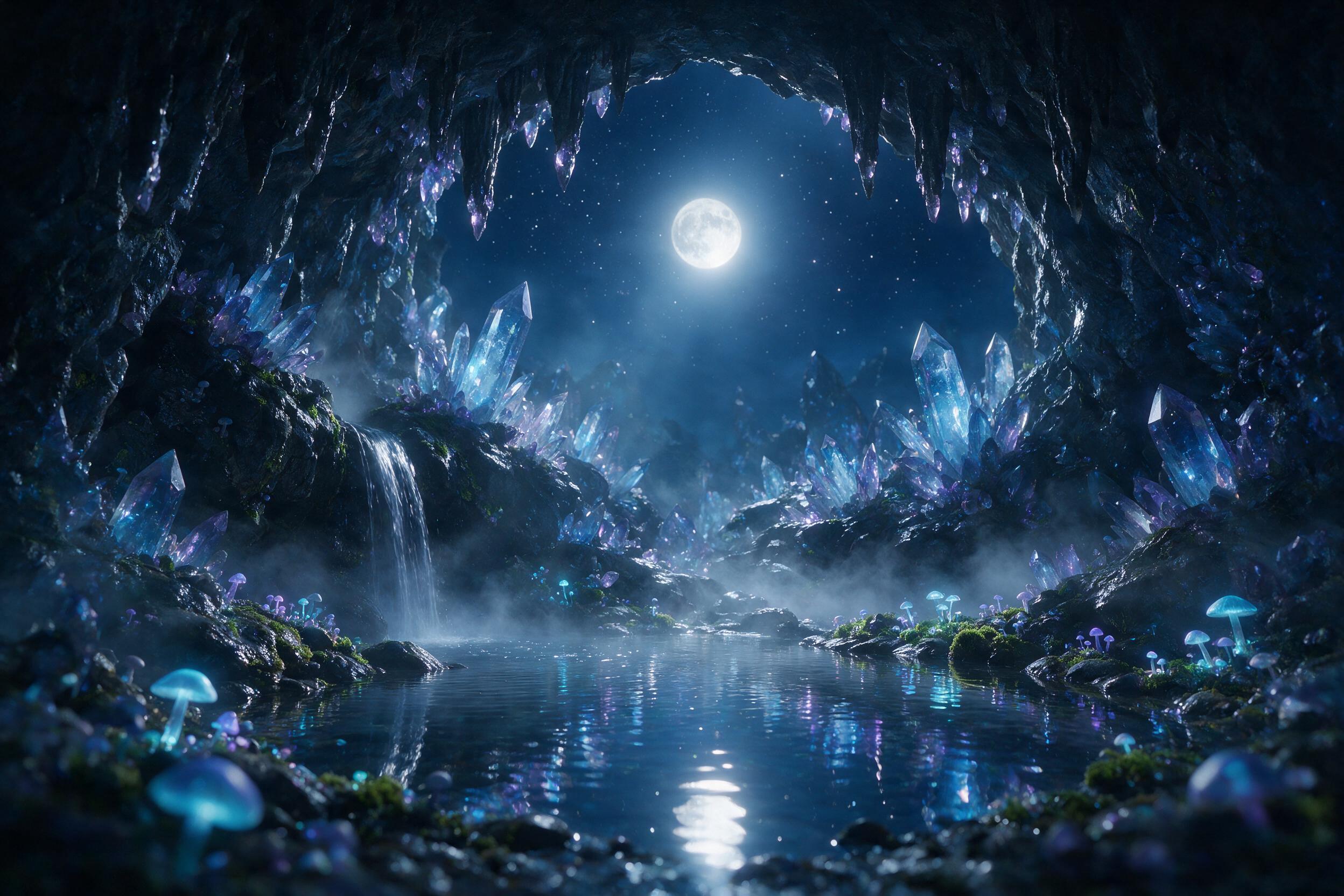 A moonlit crystal cavern, glowing blue and violet crystals jutting from wet stone, a small waterfall feeding a mirror pool, soft mist, bioluminescent mushrooms, ethereal light rays, reflected stars on water, cinematic composition, shallow depth of field, natural color palette