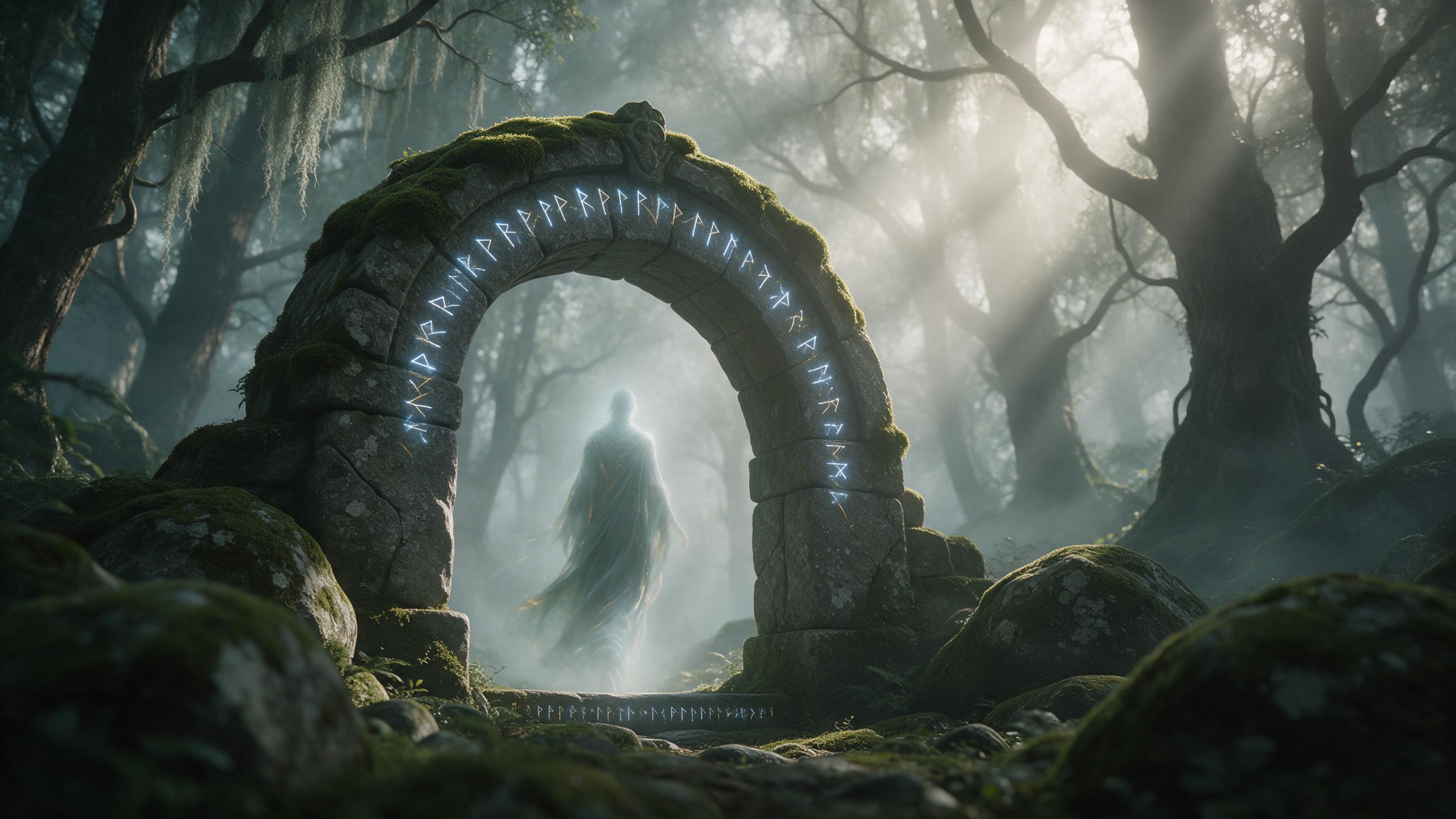 A moss-covered stone archway in a misty forest, glowing blue runes etched along the curve, soft volumetric light filtering through ancient trees, a faint ethereal figure in a flowing robe walking through, cinematic composition, muted color palette with teal and gold accents