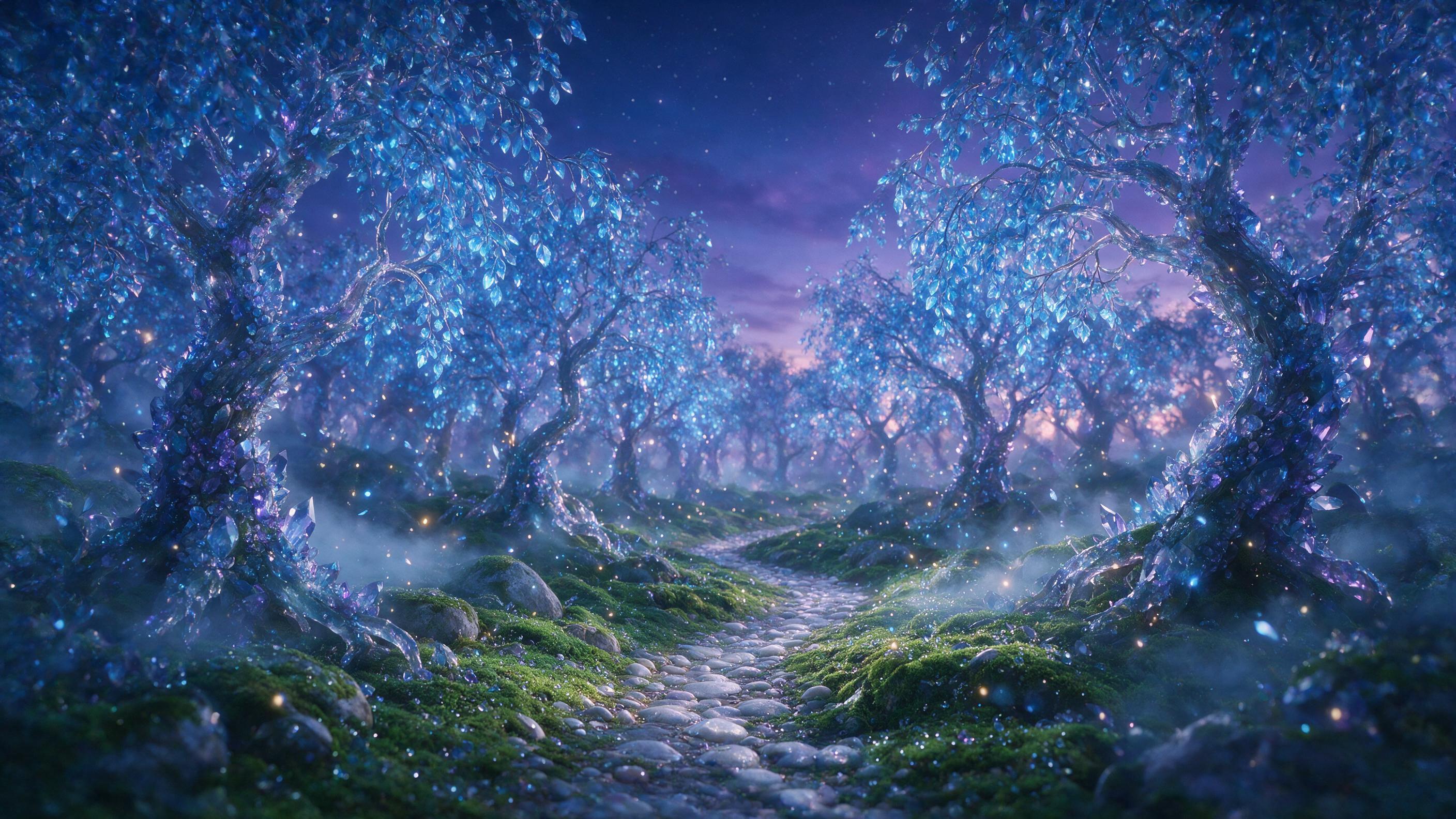 A glowing crystal forest under a twilight sky, where bioluminescent trees pulse with soft blue and violet light, and tiny floating spores drift like stars. A narrow winding path of smooth stones leads deeper into the woods, hinting at an unseen clearing. Mist curls around twisted roots, and the ligh