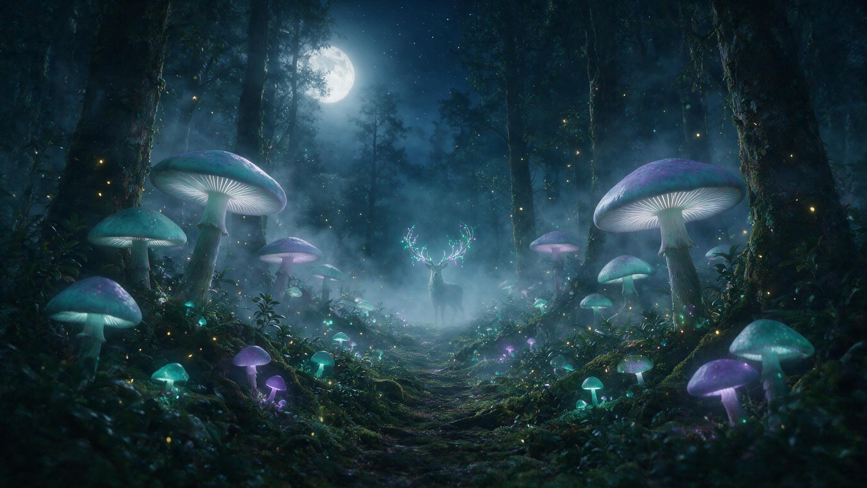 A misty moonlit forest with giant glowing mushrooms, their caps emitting soft teal and purple light, casting shadows on a winding mossy path, fireflies drifting through the air, a faint silhouette of a deer with antlers wrapped in luminescent vines, night sky with scattered stars, ethereal and cinem