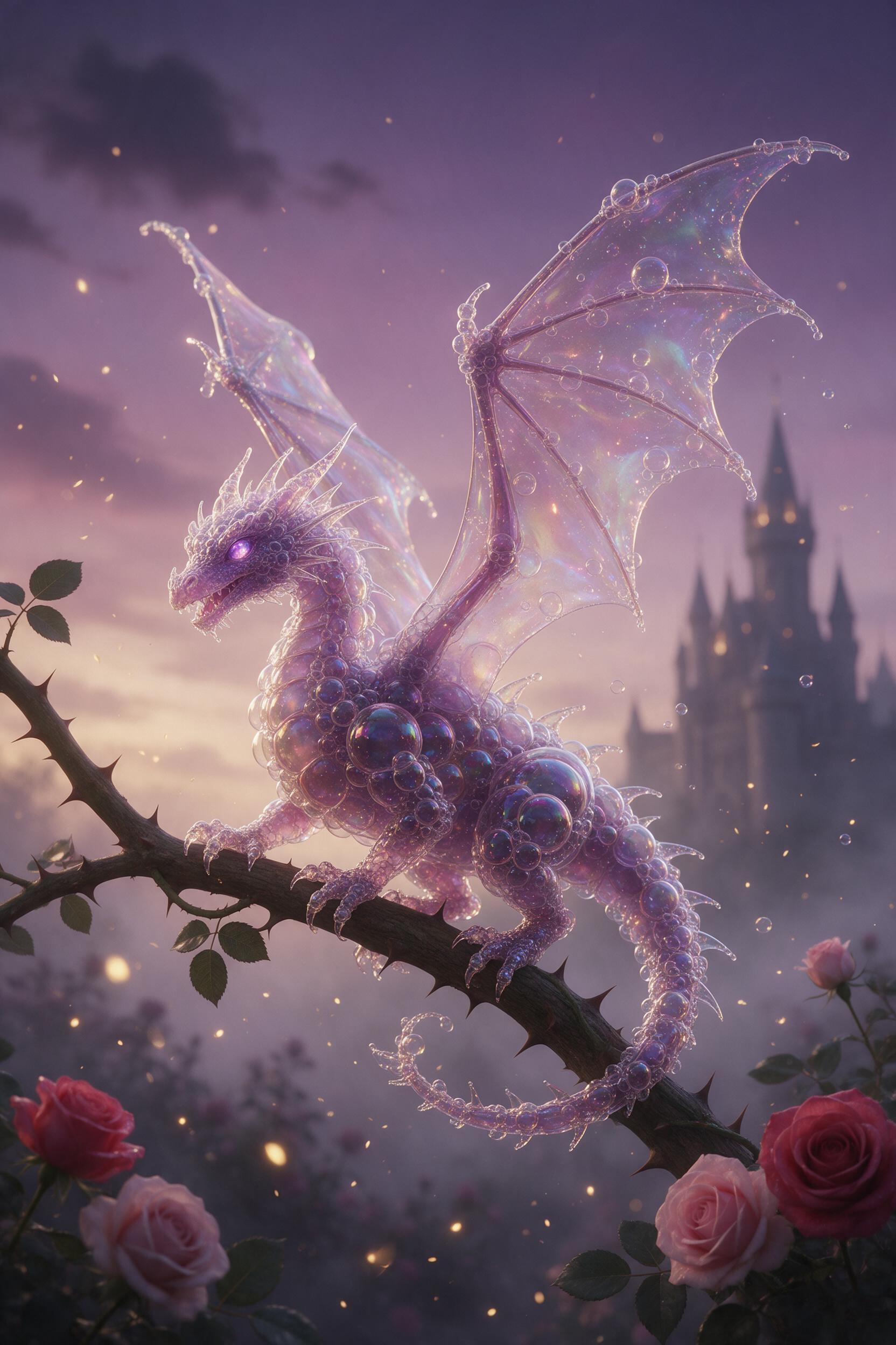 A dragon made of iridescent soap bubbles perches on a thorny rose vine at twilight, its translucent wings scattering prismatic light. Glowing pollen drifts through misty air, distant castle spires loom through fog. Soft purple and gold lighting, shallow depth of field, dreamlike atmosphere.