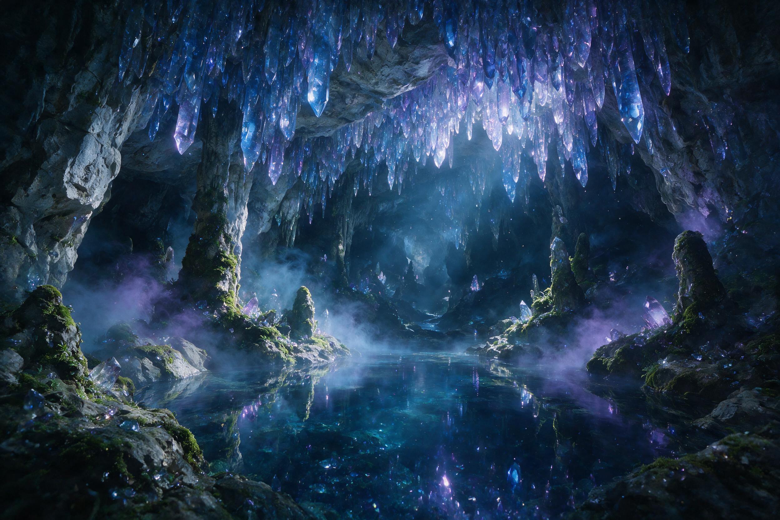 A luminous crystal cave deep underground, glowing blue and purple stalactites reflect in a still pool, soft mist rises, ethereal light rays pierce darkness, rich textures on mossy rocks, mystical atmosphere
