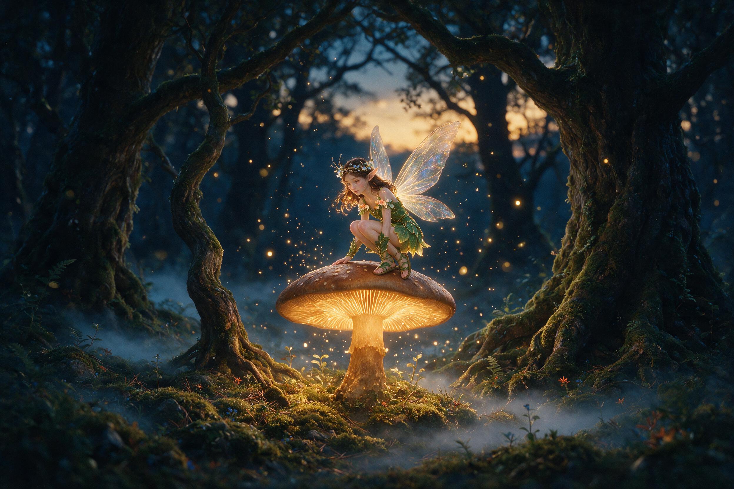 A luminous fairy perched on a glowing mushroom in an enchanted forest at twilight, soft bioluminescent spores floating in the air, gentle mist hugging the mossy ground, cinematic composition with warm amber and cool blue natural lighting, subtle grain.