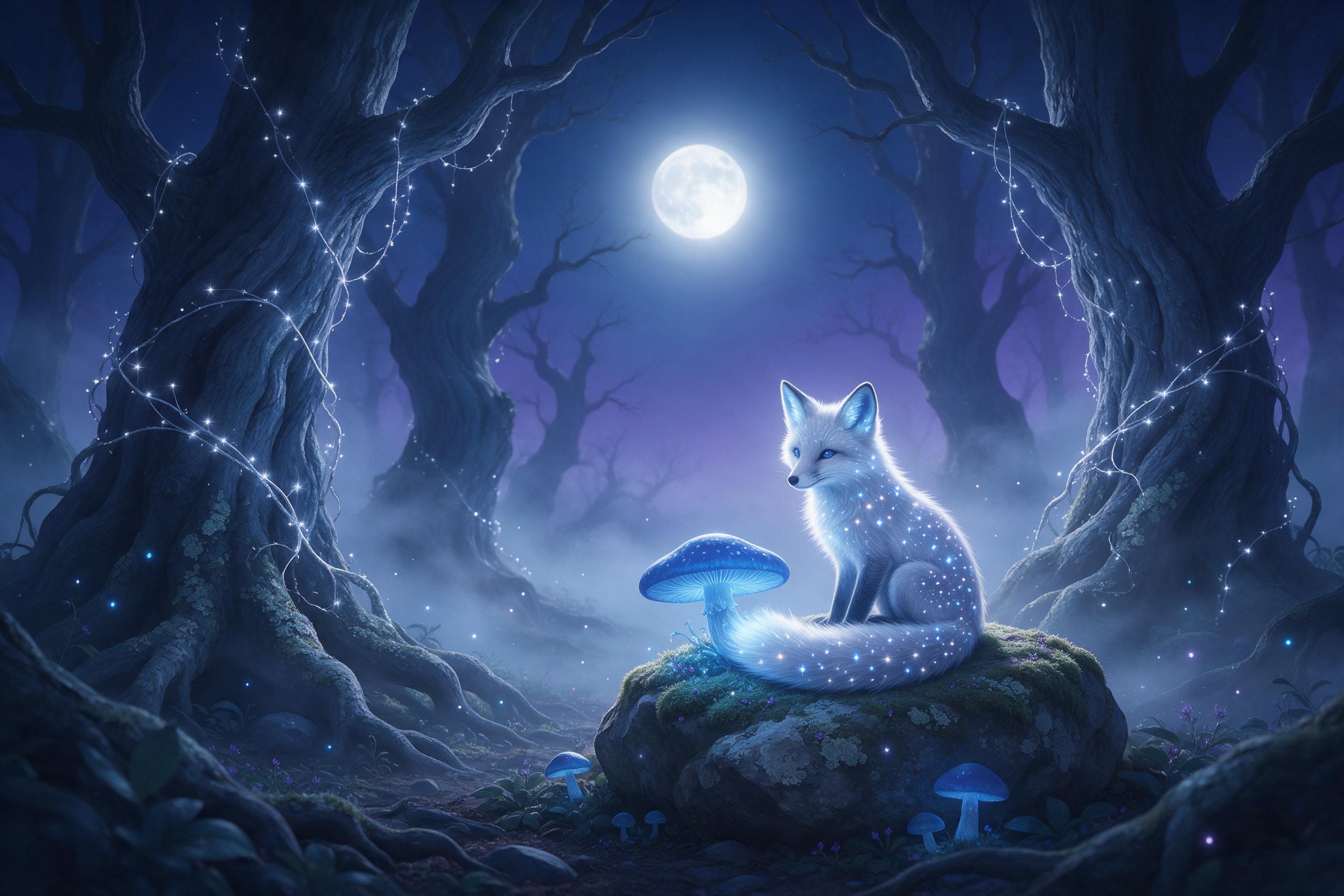 A moonlit forest clearing with ancient, twisted trees draped in glowing silver vines. A small, luminescent fox with stars in its fur sits on a mossy stone, its tail curled around a single glowing blue mushroom. Cool blue and violet tones, thin mist curling between trunks. Soft rim light from the moo