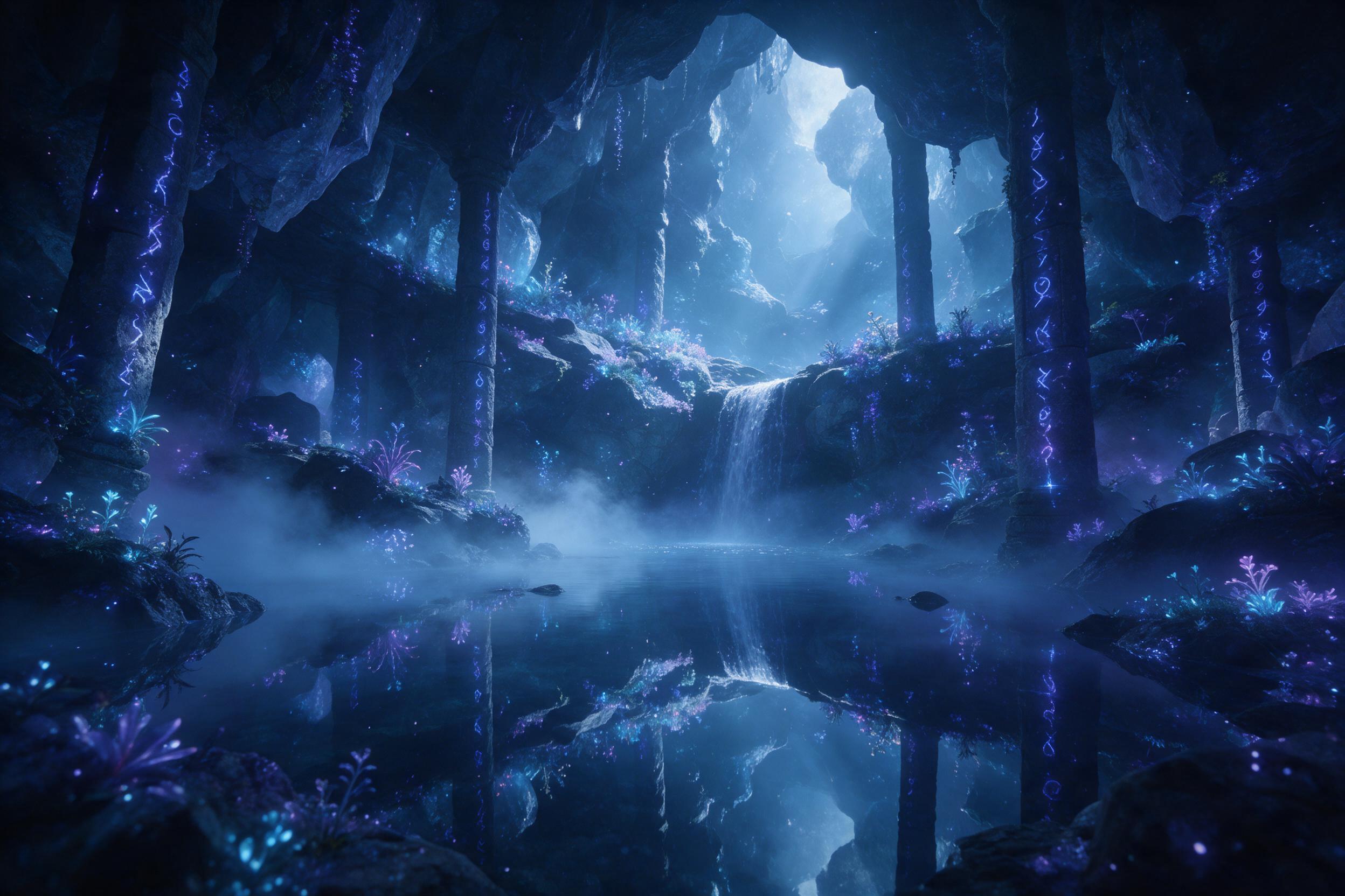 A moonlit crystal cavern with bioluminescent flora, a small waterfall cascading into a mirror-like pool, ancient stone pillars covered in glowing runes, soft fog drifting, cool blue and violet tones, ethereal light rays, serene and mysterious atmosphere, wide-angle view