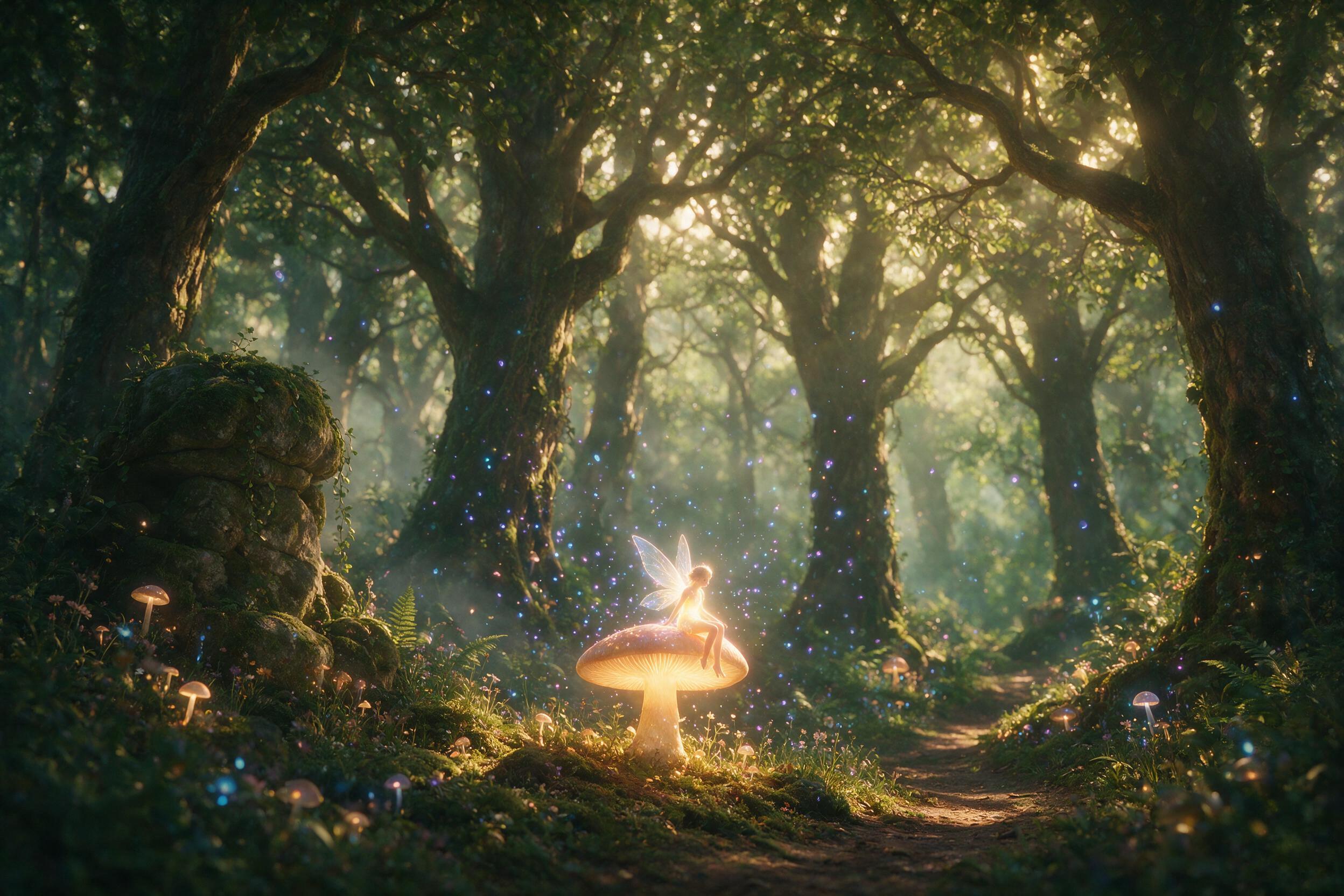 A luminous fairy with translucent wings sits on a glowing mushroom under a canopy of ancient trees, soft blue and purple bioluminescent spores floating in the air, gentle mist, magical forest atmosphere, shallow depth of field, natural lighting with a hint of golden hour glow
