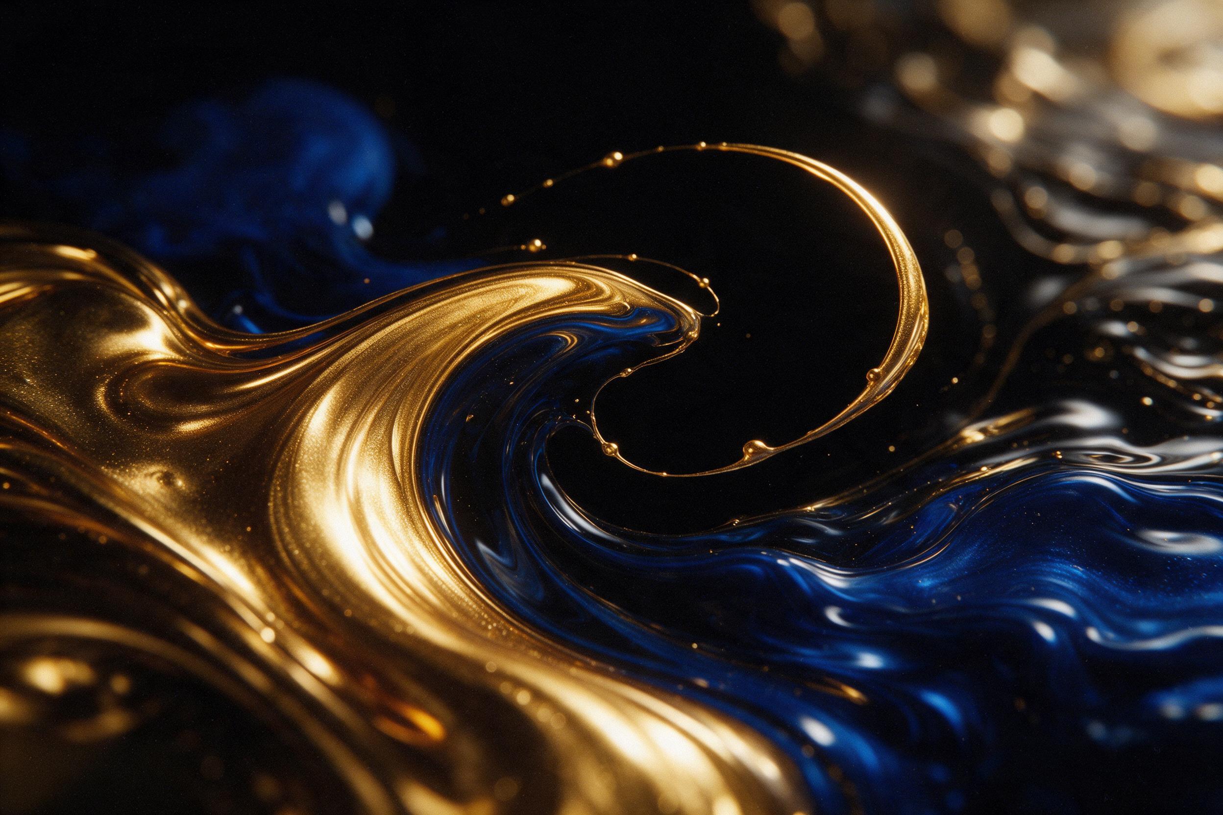 Molten gold and deep sapphire liquid swirl in slow motion, captured with a macro lens, blurred glass-like ripples catching sharp reflections of warm light against a pitch-black void, ephemeral fluid edges, subtle film grain, no objects or text, purely geometric organic flow