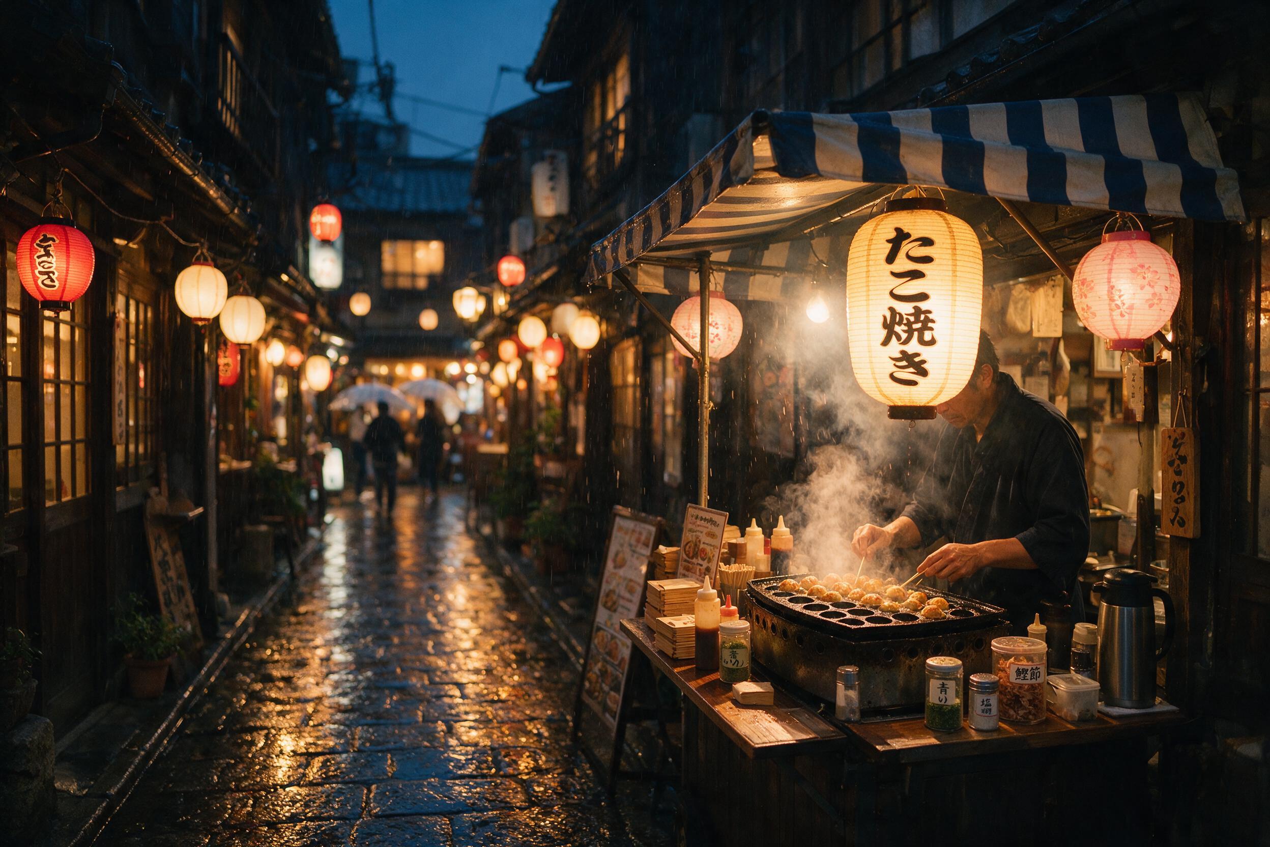 A quiet rainy evening on a narrow Tokyo alley, glowing paper lanterns reflecting on wet cobblestones, a lone vendor steaming takoyaki under a striped awning, warm amber light against cool blue dusk, shallow depth of field, natural motion blur from rain, candid street photography feel