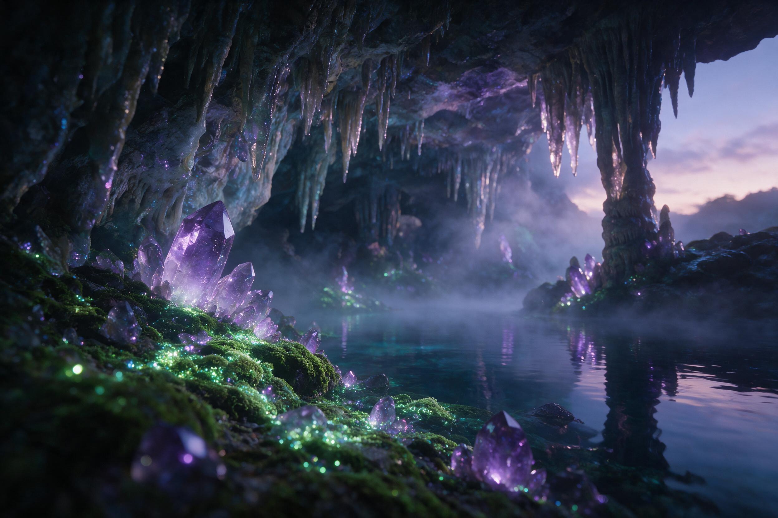 A luminous crystal cave at twilight, bioluminescent moss and glowing purple crystals casting soft light on a still underground lake, mist swirling around ancient stalactites, cinematic composition with shallow depth of field, natural ethereal lighting