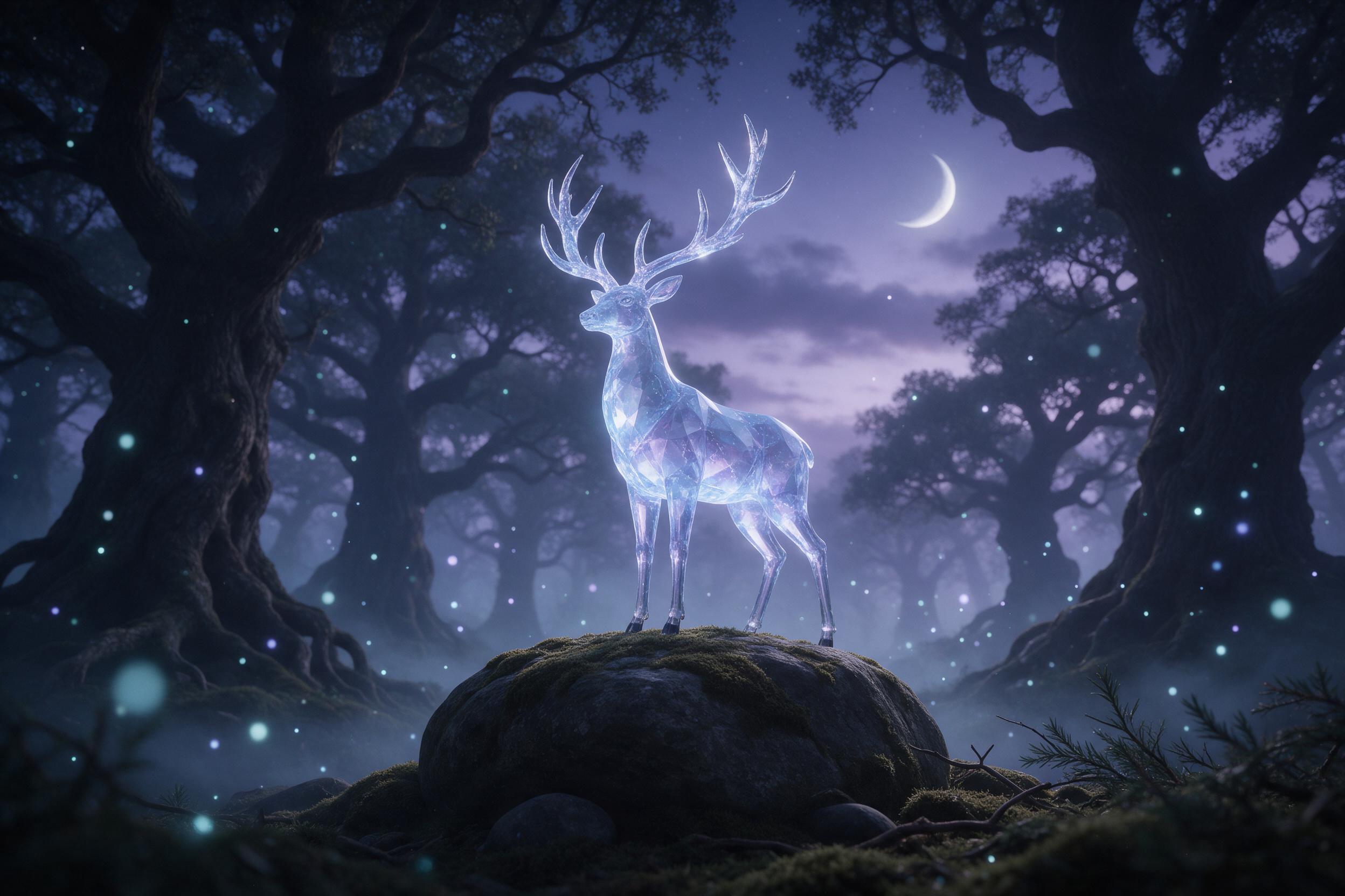 A glowing crystal stag with antlers of branch-like ice stands on a mossy stone in a twilight forest, bioluminescent spores drifting between ancient oaks, soft mist tracing the ground, pale lavender and teal palette, wide-angle composition, gentle rim lighting from a crescent moon behind clouds.