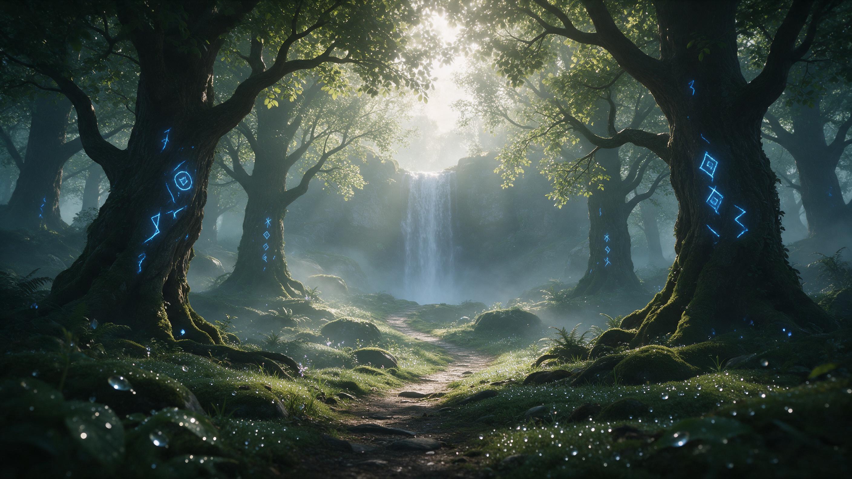 A misty enchanted forest at dawn, ancient trees with glowing blue runes, a winding path leading to a waterfall, soft ethereal light filtering through leaves, dewdrops sparkling on mossy ground, subtle fog, magical atmosphere, cinematic composition