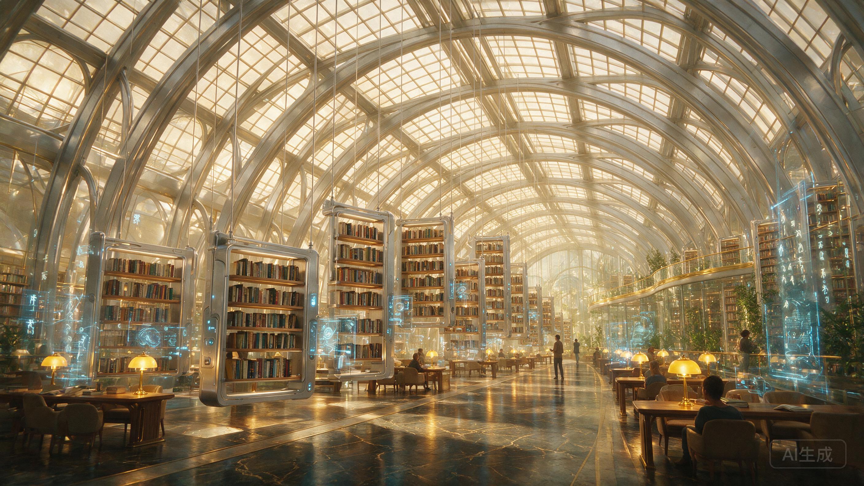 A futuristic library with floating bookshelves, holographic displays, grand arched ceilings, warm golden lighting