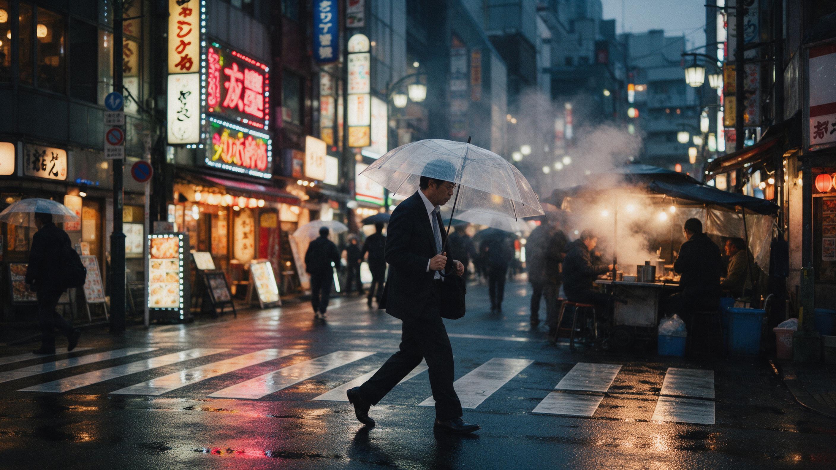 Rain-soaked Tokyo street at dusk, neon signs reflecting on wet asphalt, a lone salaryman with transparent umbrella crossing crosswalk, steam rising from a food stall, shallow depth of field, naturalistic grain, Fujifilm color palette