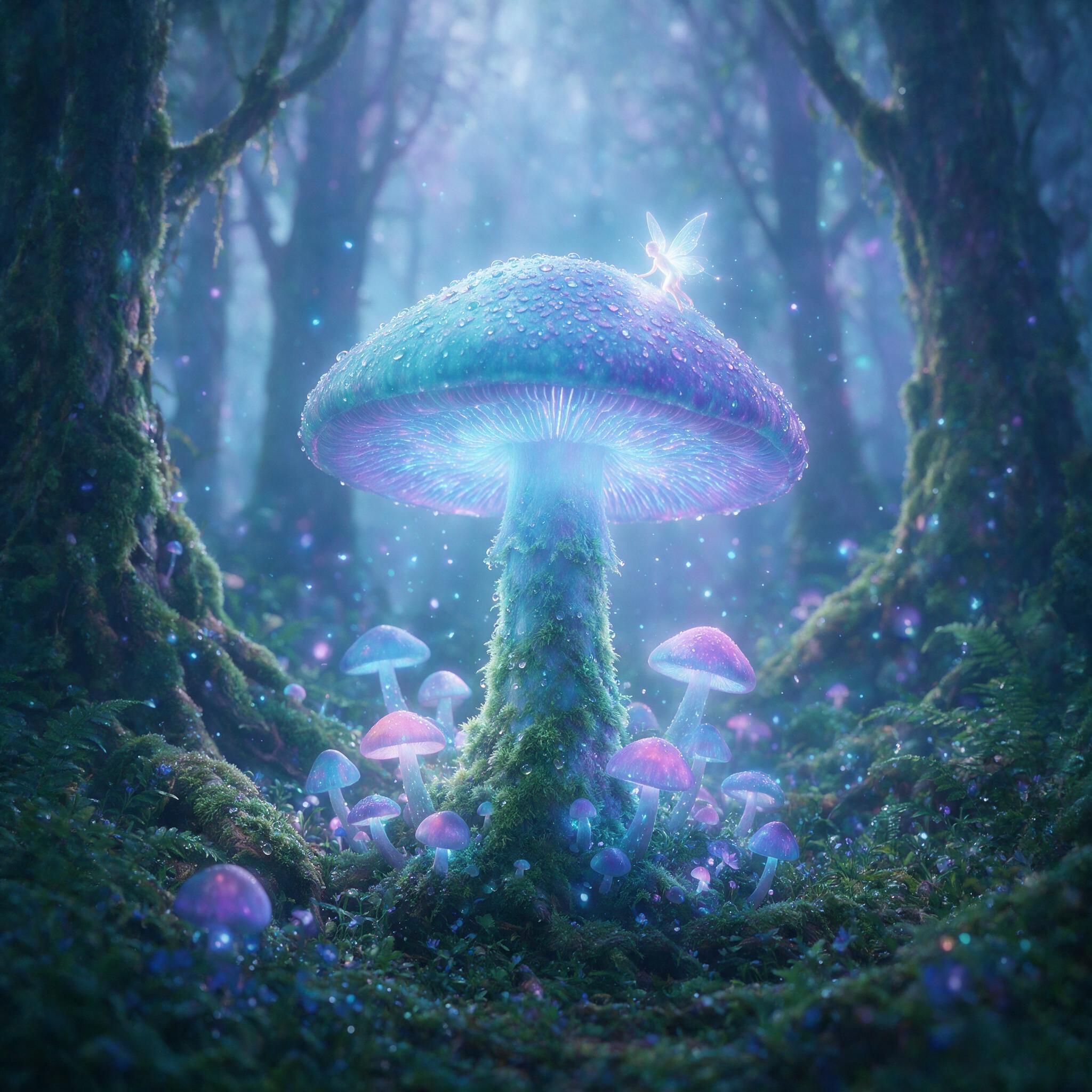 A luminous fairy with translucent wings rests on a giant glowing mushroom in a misty forest, soft blue and purple bioluminescent light, shallow depth of field, ethereal atmosphere, water droplets on moss, dreamy haze.