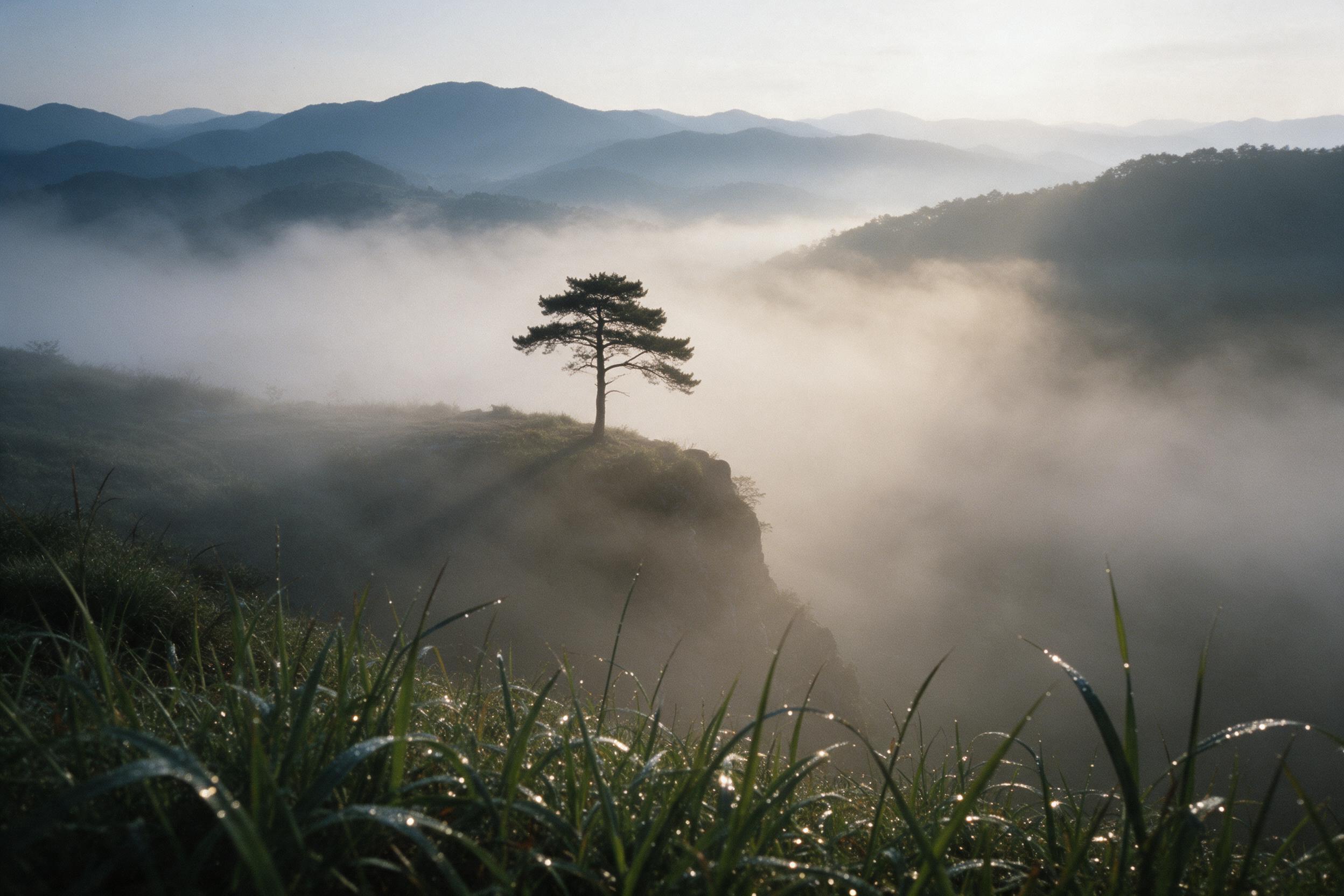 A lone pine tree on a fog-draped cliff at dawn, soft golden light filtering through mist, layered blue mountain ridges fading into distance, dewy grass blades in foreground, muted earthy tones, tranquil atmosphere, slight film grain, wide-angle composition