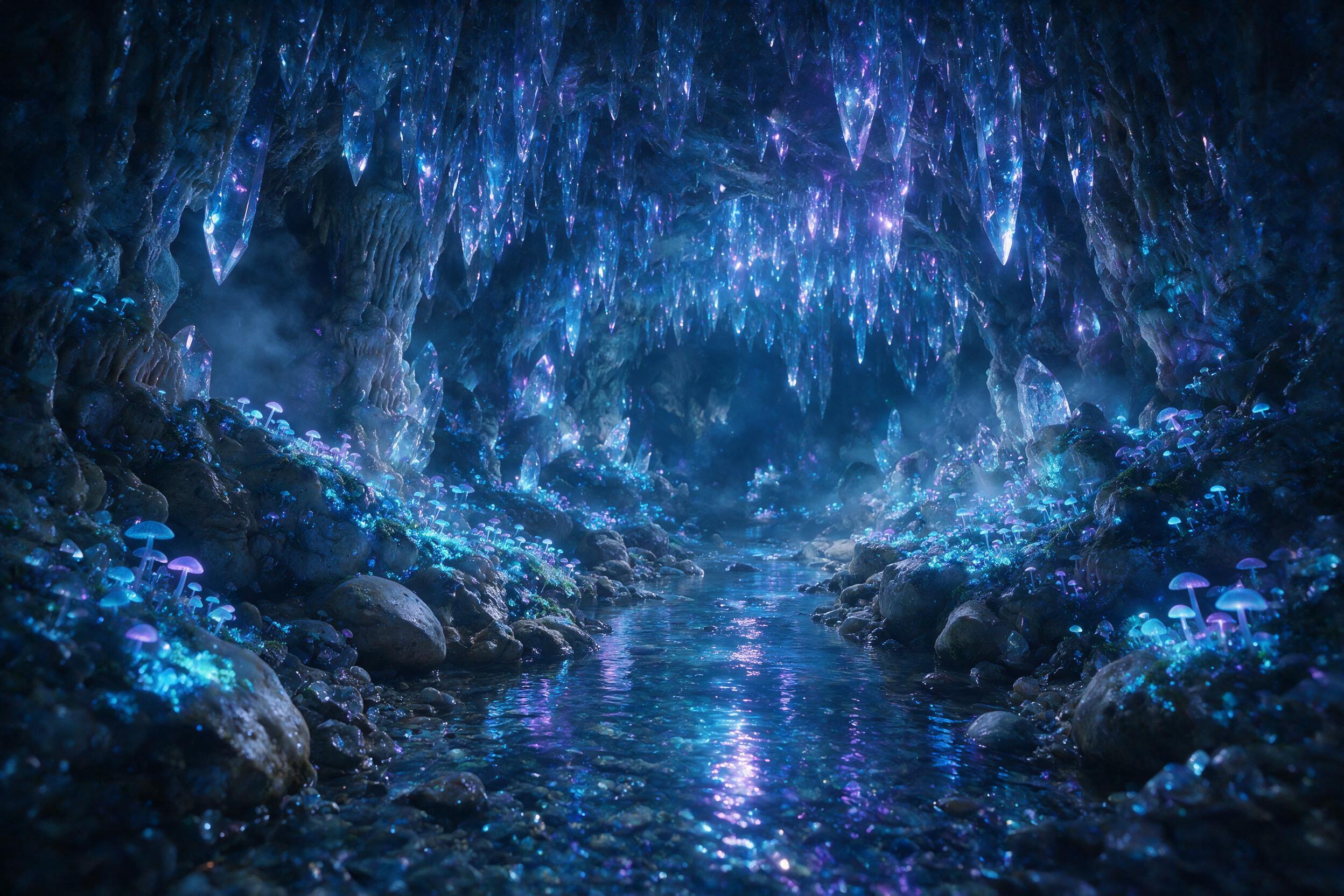 A luminous crystal cave deep underground, bioluminescent moss and glowing mushrooms casting soft blue and purple light on stalactites, a small stream reflecting the ethereal glow, mist floating in the air, slight camera shake from handheld shot, natural lighting from the crystals only