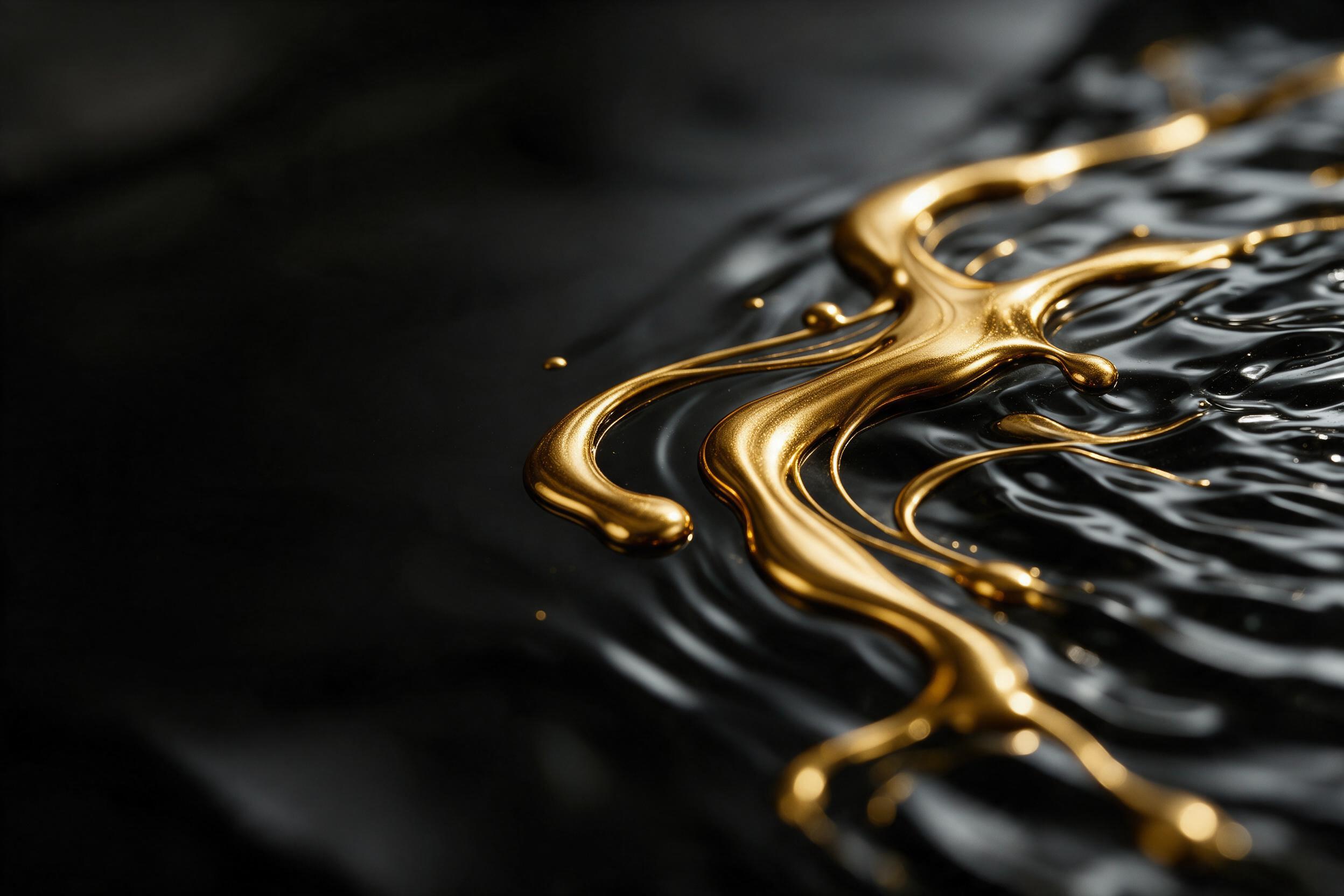 Molten gold liquid flowing over rippled black glass, forming elegant swirls and droplets, dramatic side lighting casting deep shadows, macro view with shallow depth of field, smooth textures and high contrast, minimalist composition with negative space