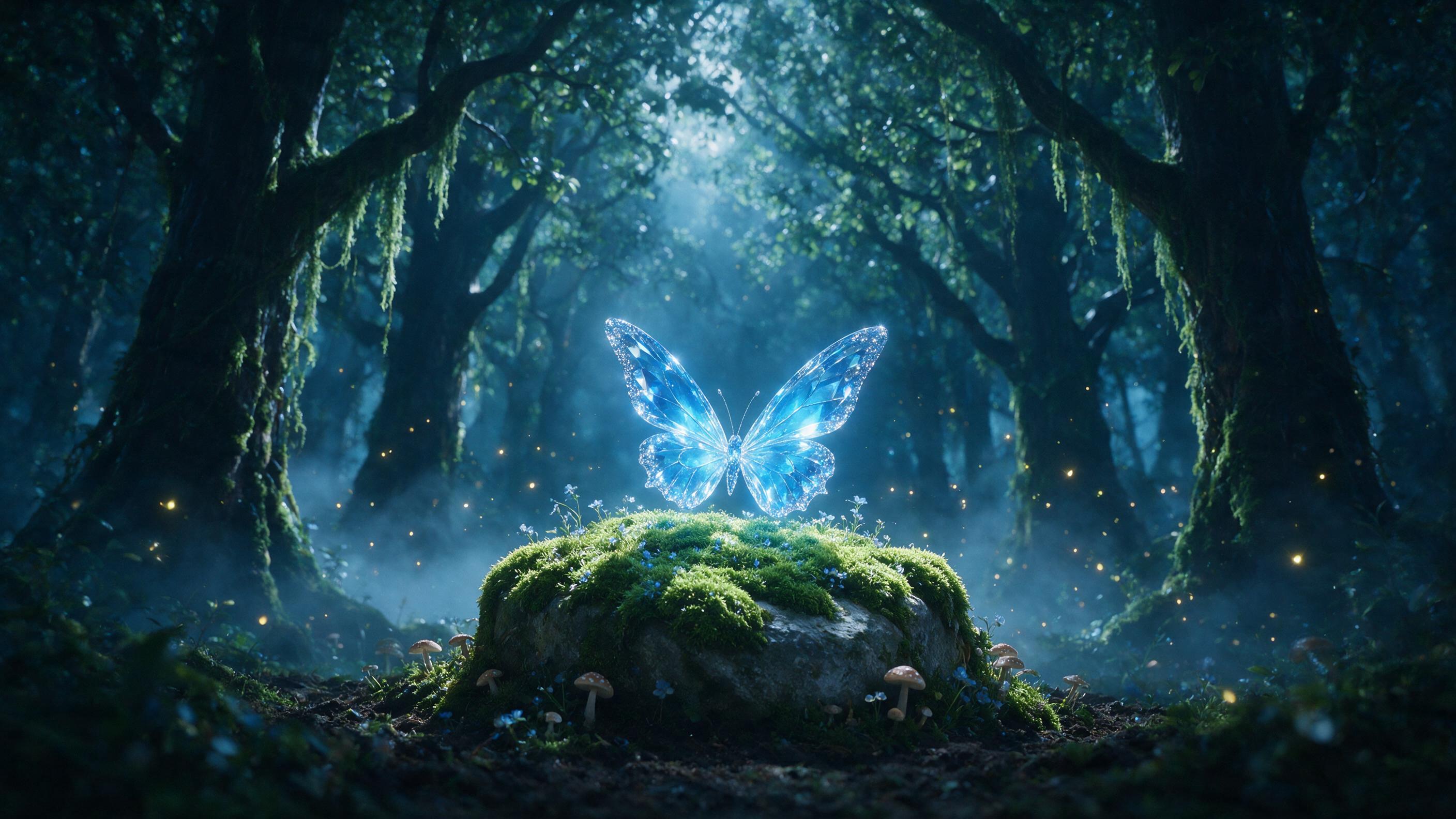 A glowing crystal butterfly rests on a mossy stone in a moonlit enchanted forest, luminous blue wings casting soft light, fireflies dance in the misty air, shallow depth of field, cinematic mood, slight grain, ethereal atmosphere